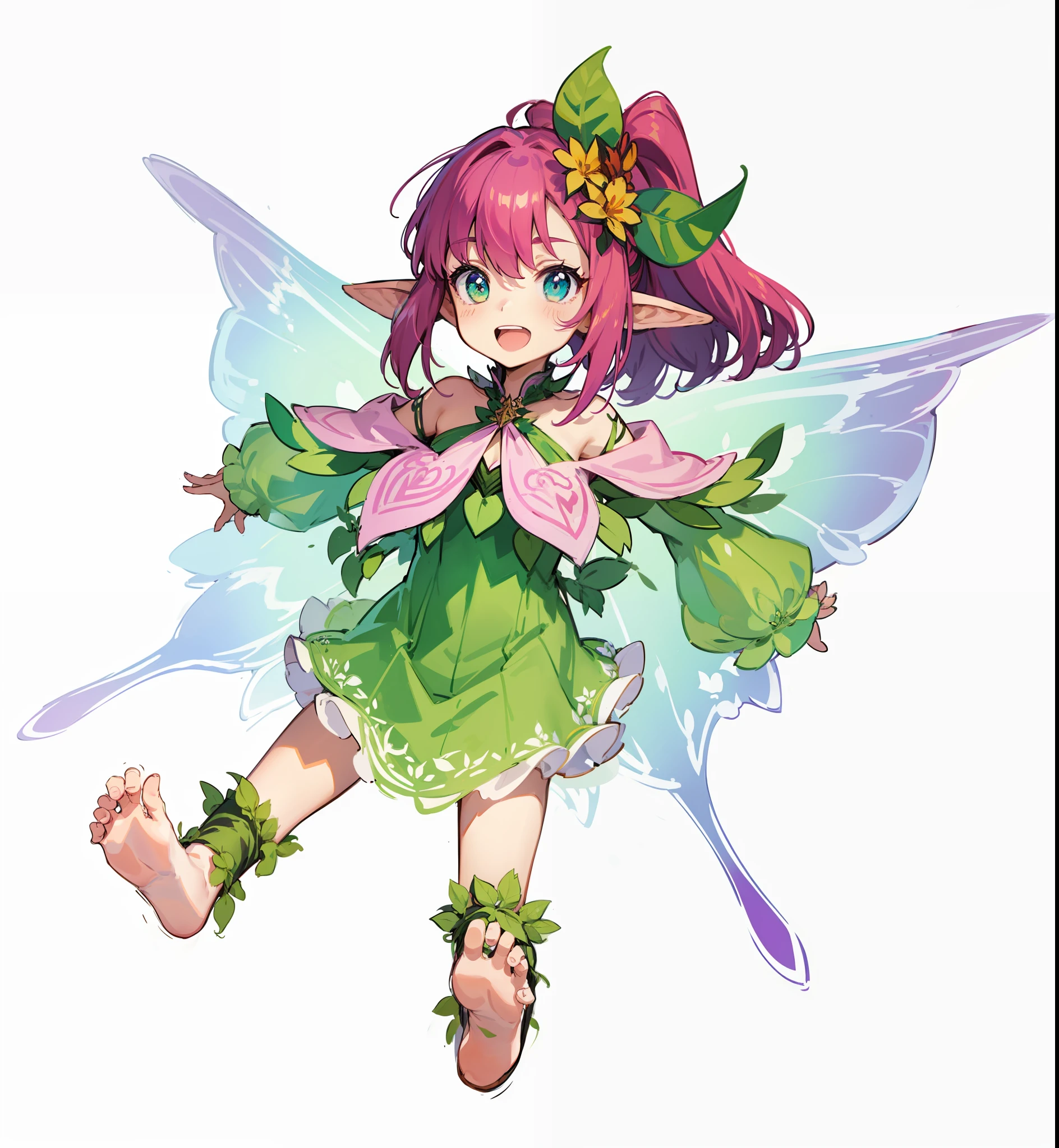 Anime girl with pink hair and green dress holding a flower, elf girl wearing an flower suit, pixie character, faerie, The Forest Fairy, Fae, Little Elven Girl Art Style Rune Factory 5