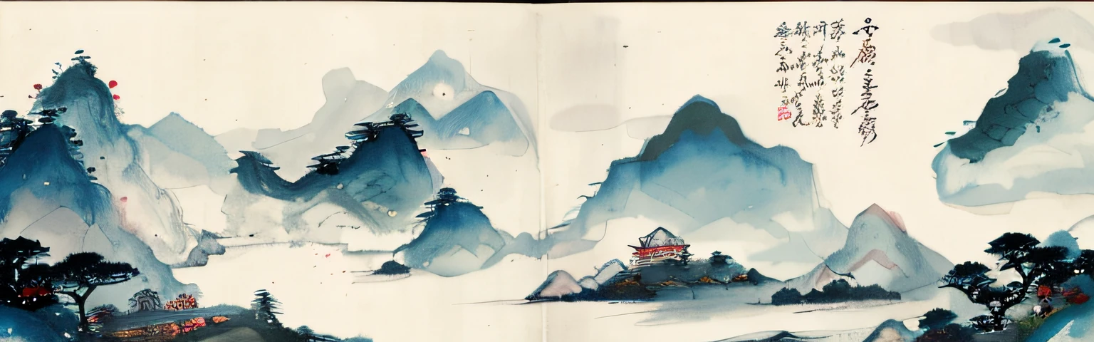 A Chinese watercolor pagoda painting in the mountains，The Chinese painting style presents exquisite and delicate Chinese landscapes，Influenced by traditional Chinese watercolor painting and Japanese style painting，Serenity illustrations show the quaint charm of China and Japan，The authors Yang J and Qu Leilei give the works rich cultural connotation and artistic value。{National style:1.1} {Nikkaze painting:1.1} --auto