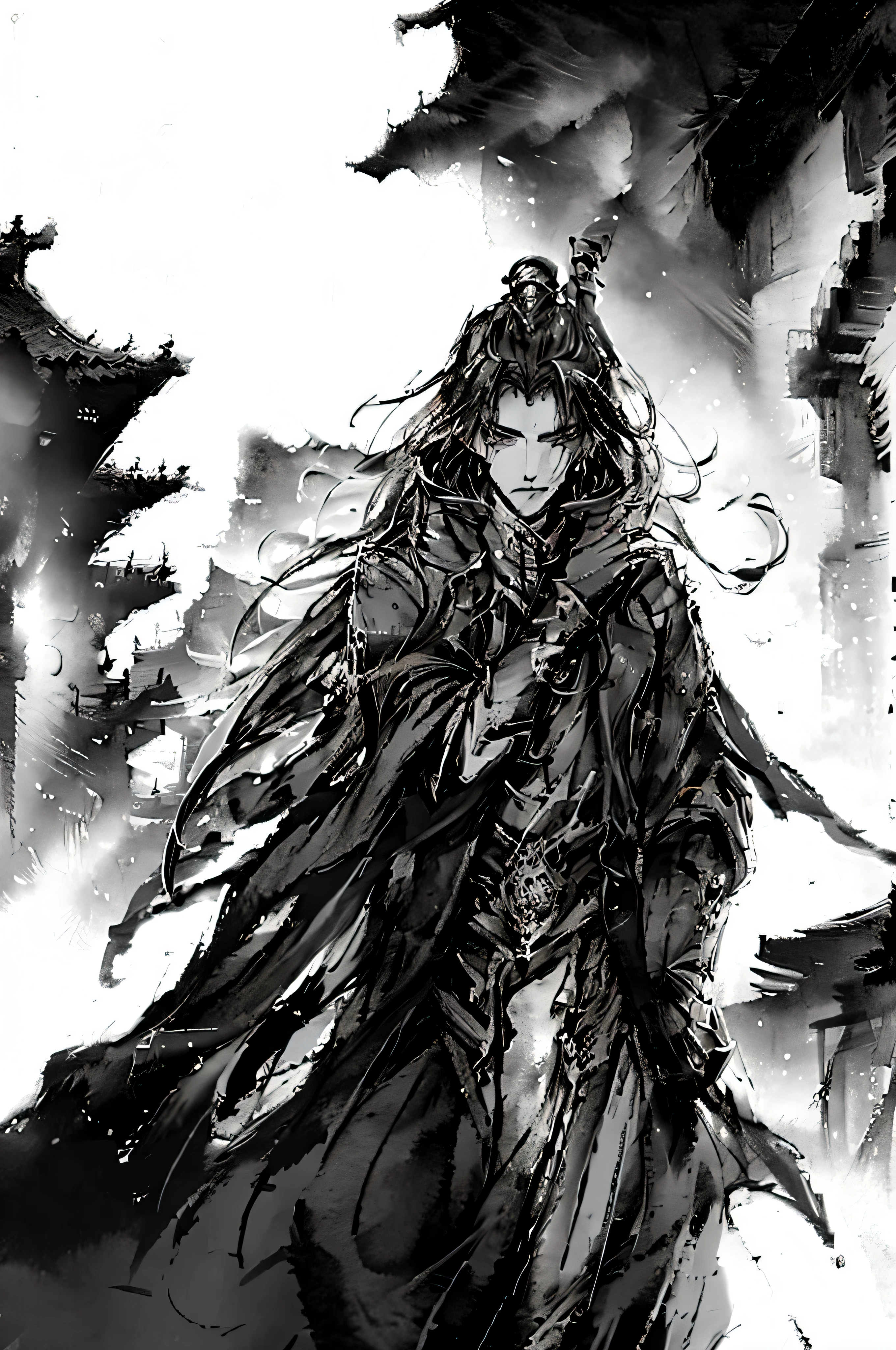 Masterpiece, best quality, masked man, wearing a black overcoat that covers the whole body, mysterious