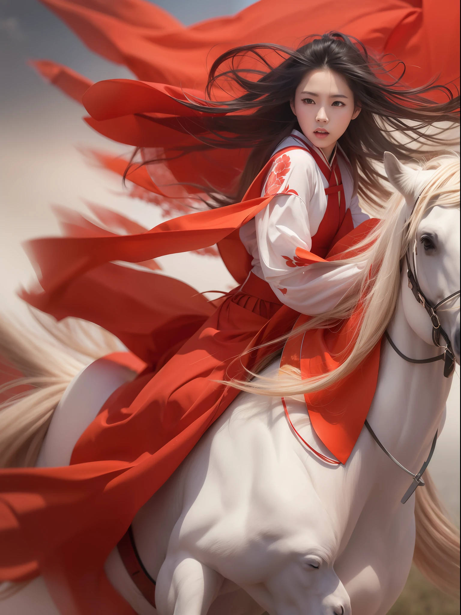 Chinese woman riding a white horse,Wearing red Han clothes,long hair floating in the wind,Modern realistic style,photography of,photore,Realiy