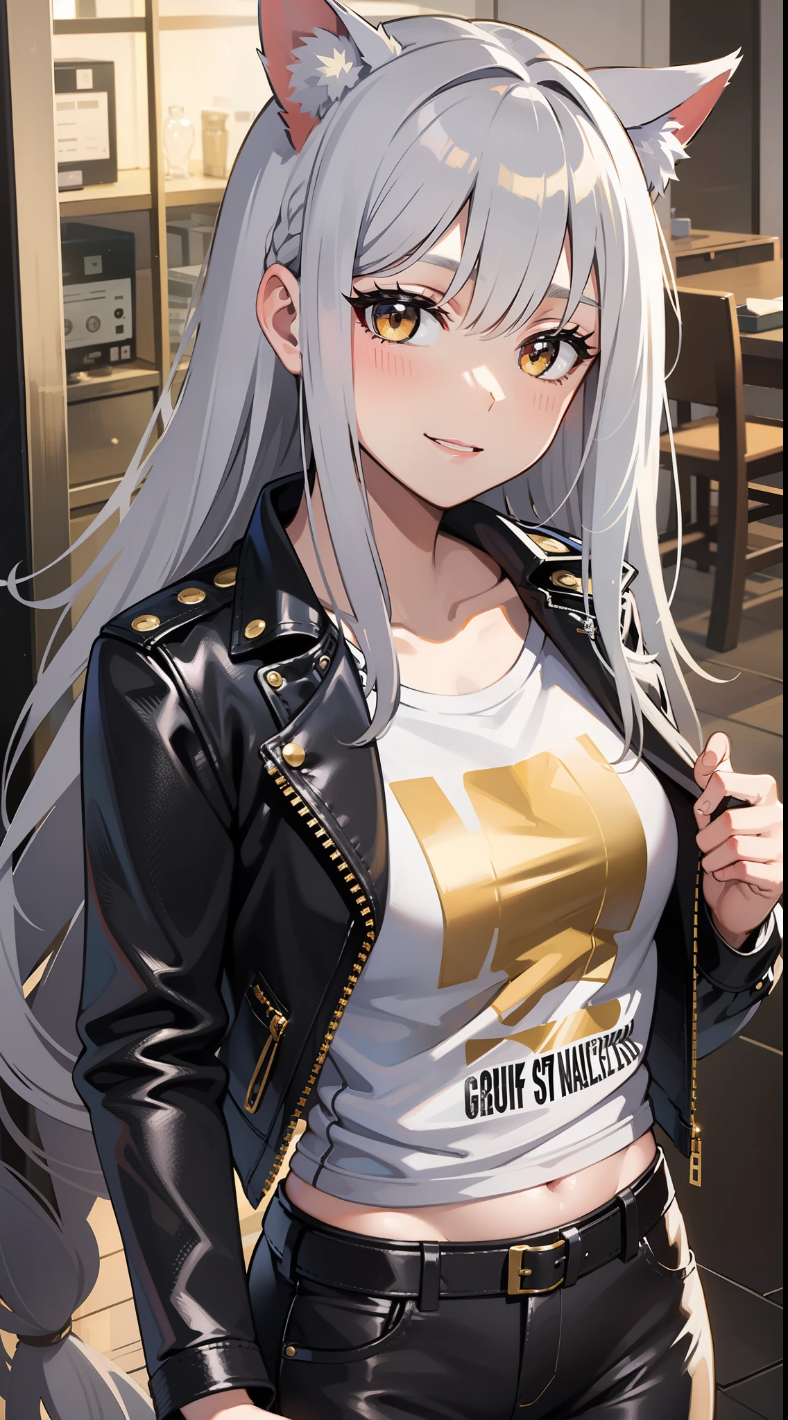 Adult woman, long gray hair, Cat's ears, golden eyes, leather jacket, tshirt, ssmile, Masterpiece, hiquality