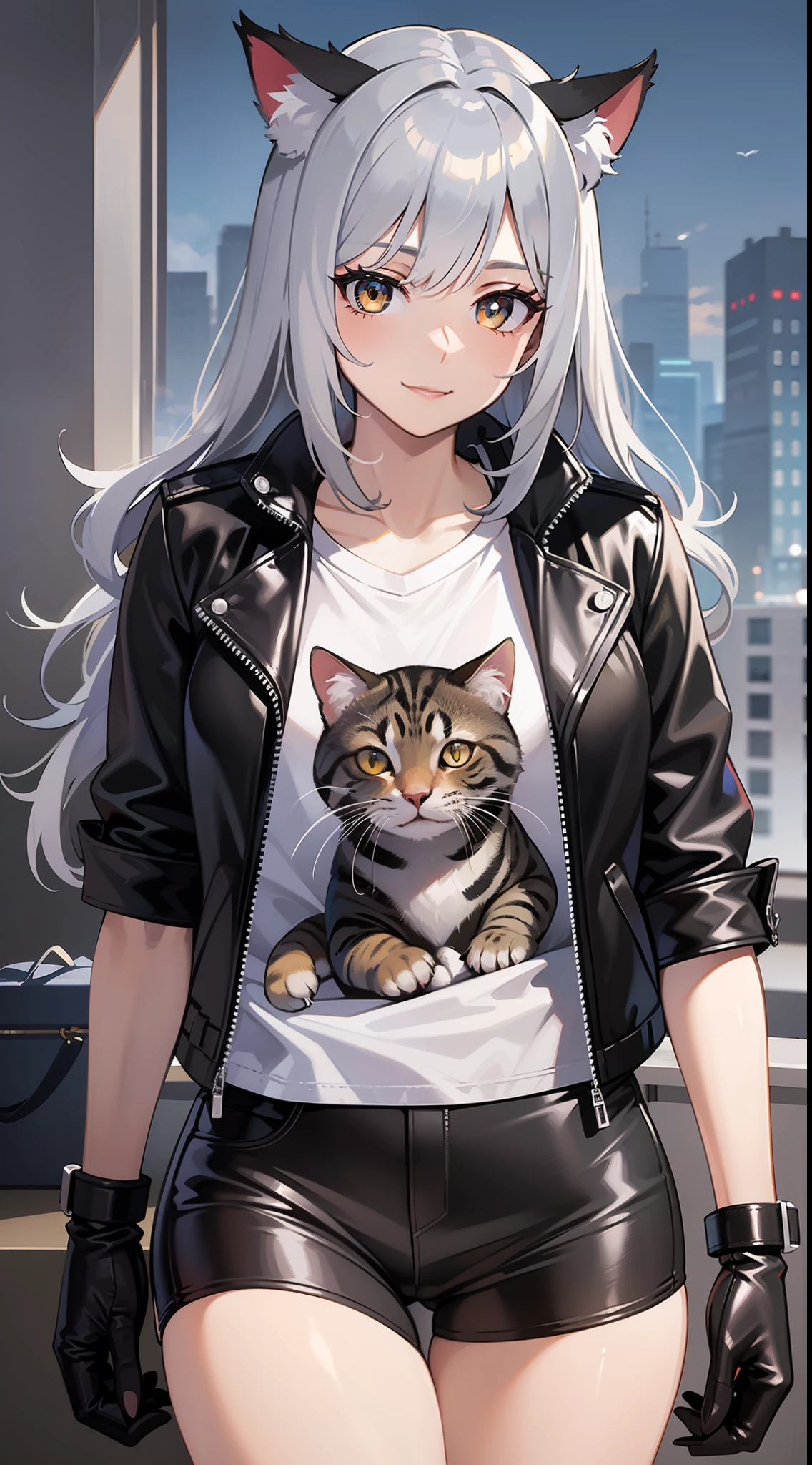 Adult woman, long gray hair, Cat's ears, golden eyes, leather jacket, tshirt, ssmile, Masterpiece, hiquality