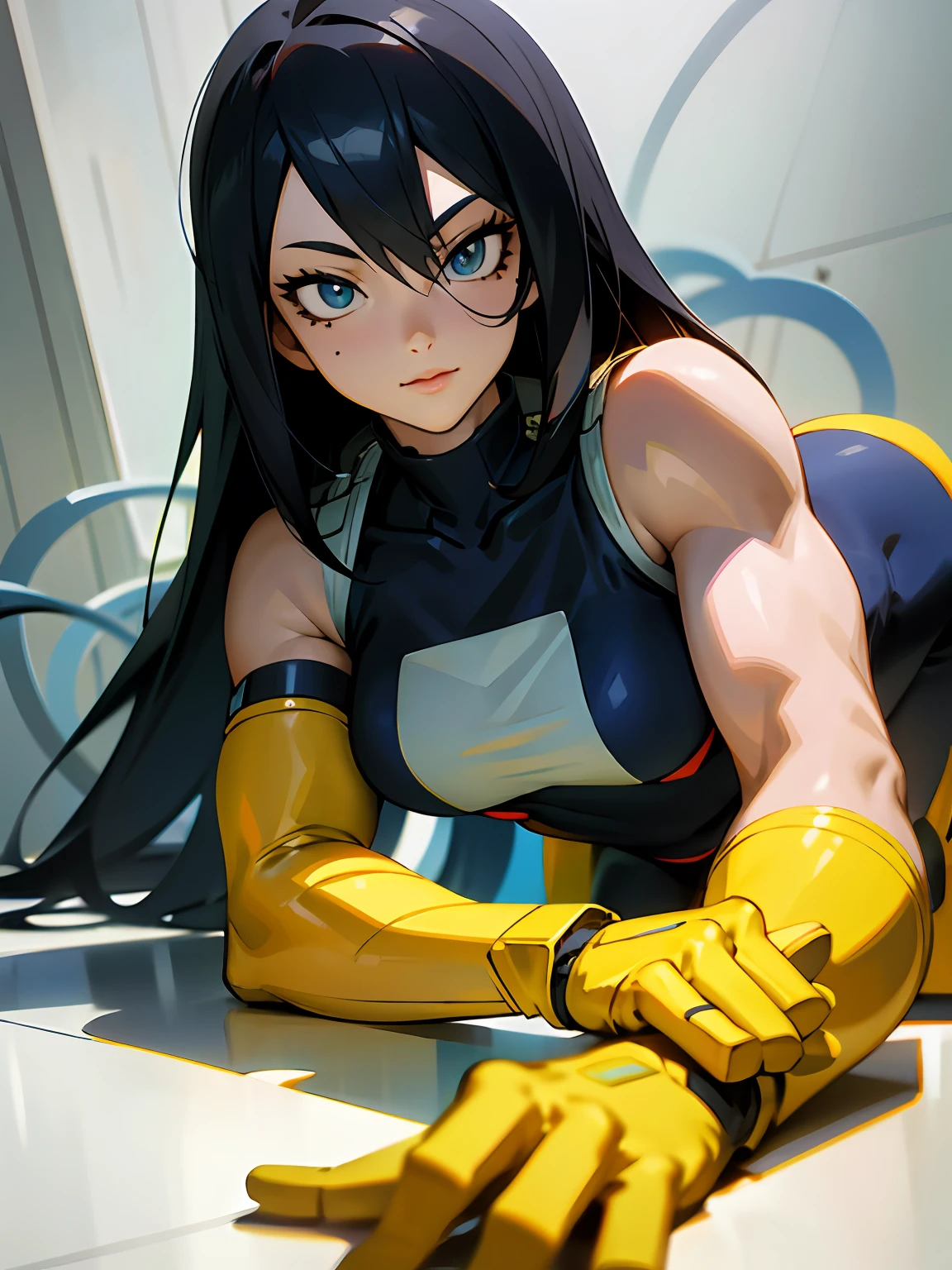 (8K), (Extreme Detail), (Best Illustration), (beautiful detail), (Best Quality), (masuter piece) Beautuful Women, Na Shimura々, boku no hero academia, A dark-haired, mole under mouth,well-muscled, (blue eyess), hair between eye, Sleeveless, body suit, White cloak, yellow gloves, Bold colors, Sharply detailed, Highly stylized anime illustrations, hyper detailed illustration, Modern, Vibrant colors, ultra-detailliert, , low poly, Isometric art, 3D Art, high detailing, Concept art, Ray tracing, sleeoing, Sharp Focus, Ethereal lighting