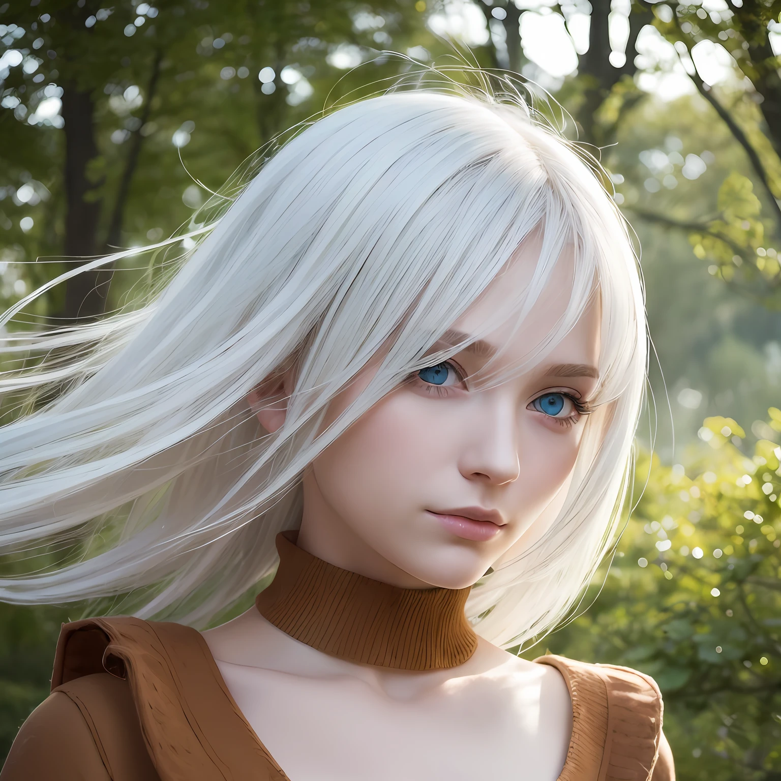 best qualtiy， tmasterpiece， White hair， eBlue eyes，A girl， exteriors， The upper part of the body， Realistis， Floating hair，  Detailed face，autumnal，Green trees，Sunshine --auto