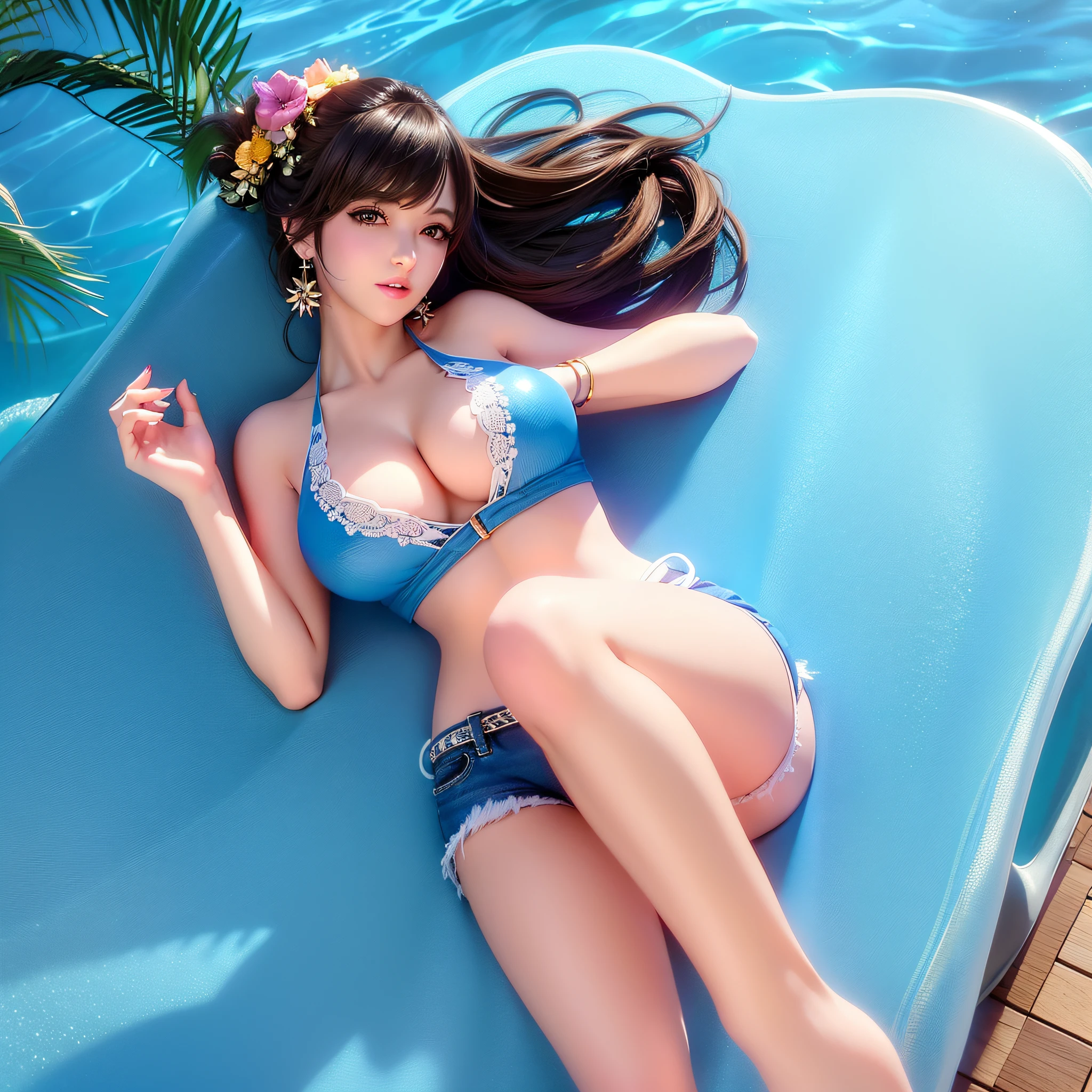 ((masterpiece, best quality, very detailed, colorful, Ultra HD: 1.2)), (photorealistic:1.4), ((from above)),(delicate face), 1girl, (short shorts:1.331), denim shorts, cutoffs, foot, (swimsuit)，open clothes, camisole, bare shoulders, (lying:1.21), (clothes pull:1.1), long hair, bangs, braid, shiny hair, hair ornament, headphones, solo focus, earrings, poolside， breasts, large breasts, (cleavage:1.1), from above, bare feet,