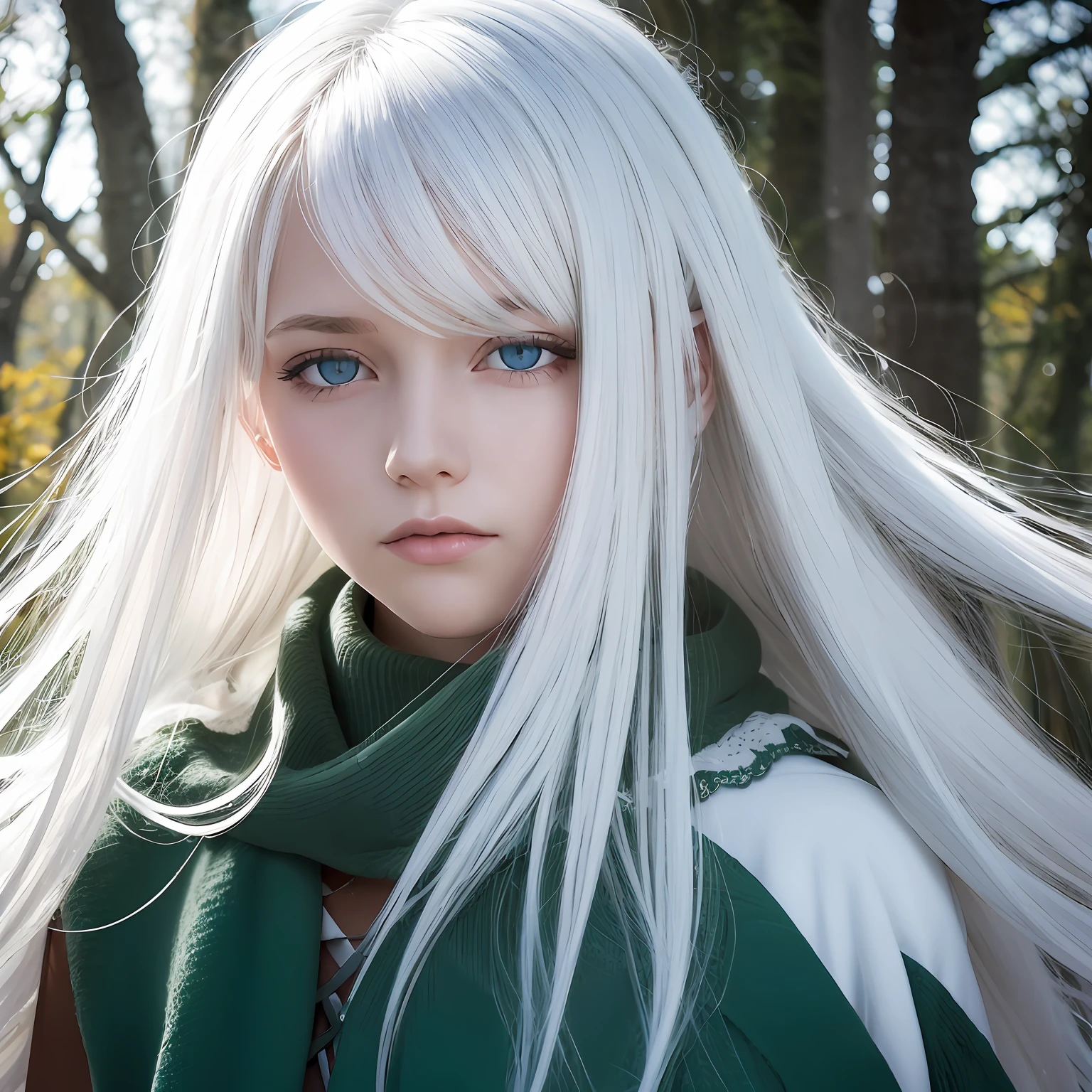 best qualtiy， tmasterpiece， White hair， eBlue eyes， A girl， exteriors， The upper part of the body， Realistis, Floating hair, Snowy,, Detailed face, winter, Green trees, Sunshine