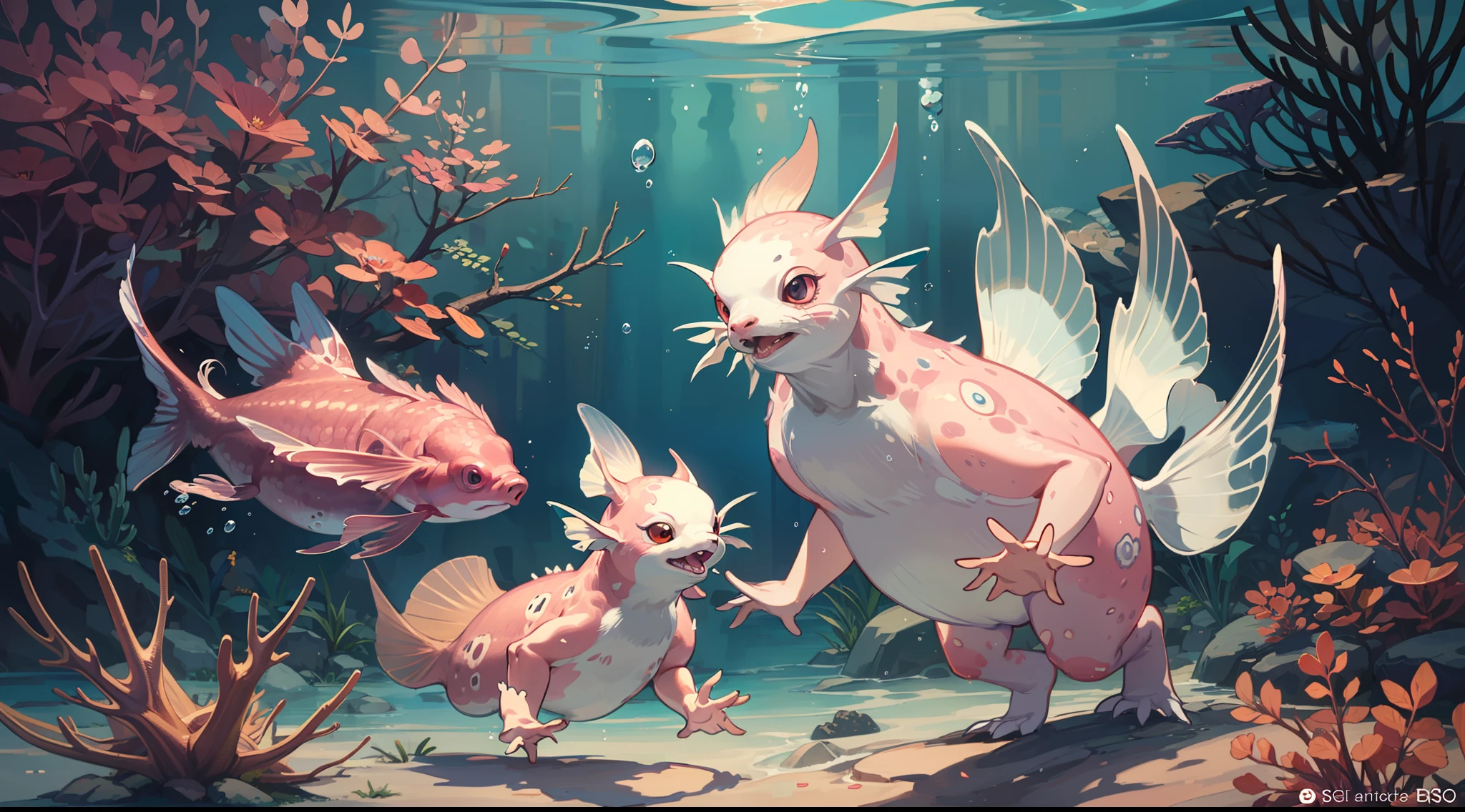 (Extremely adorable, ultra-detailed and high-quality CG illustration), featuring an axolotl family swimming deep underwater, best illumination, best shadow-enhancement to bring out the cuteness of these aquatic critters.