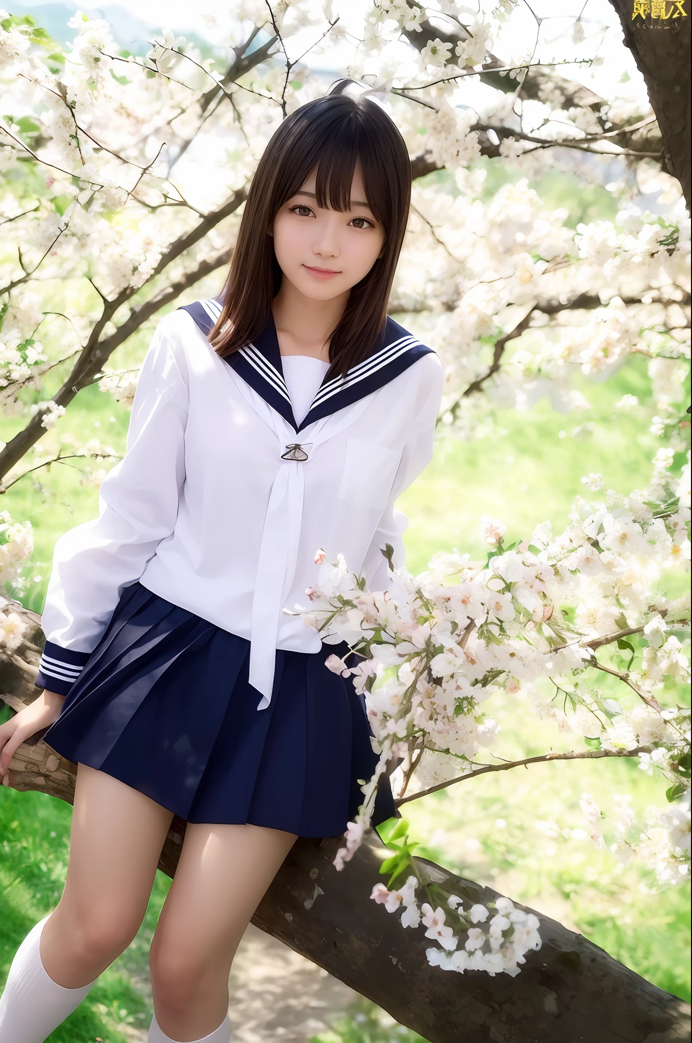 (Skin blemishes:1.2), (Skindentation), Black eye, 1womanl, 15yo student, ((femele))), 独奏, realisitic, top-quality, Photorealsitic, masterpiece, 8K, hight resolution, 独奏, extra detailed face, (profetional lighting、bokeh dof), (light particules、lensflare、Luminous particles:0.6), (dynamicposes:1.2), Soft lighting,, jpn, ((Look at viewers:1)), (looking in camera),(portlate:0.6), Keep the original facial proportions, broad shoulder, full bodyesbian, (tiny chest), (middle hair), , Floating hair, s lips, lipsticks, seducting smile,, a smile, a sailor suit,