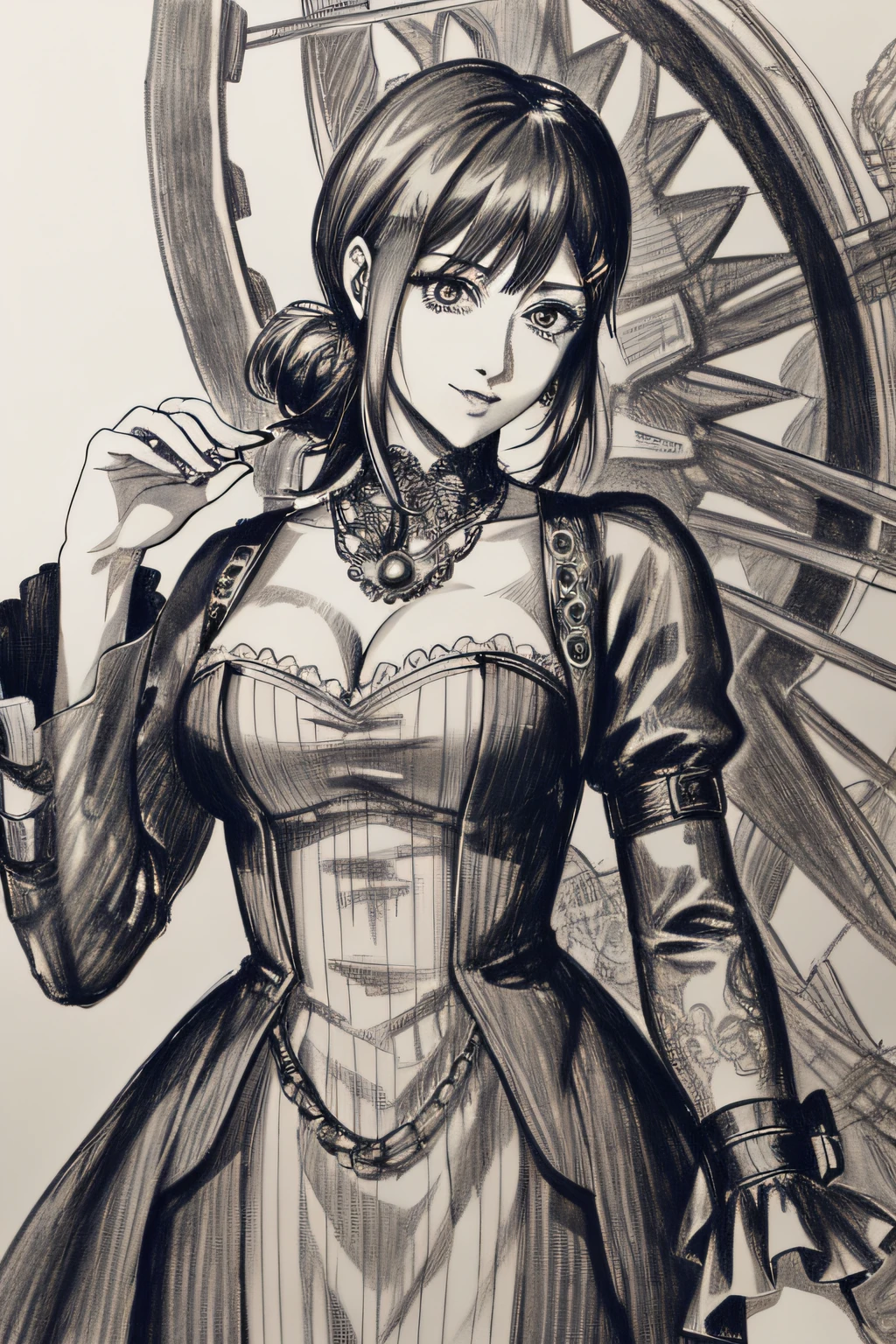 A captivating greyscale pencil drawing capturing the elegant Kobeni from the manga series Chainsaw Man, depicted in a detailed portrait that extends till her torso. Kobeni is portrayed wearing a mesmerizing steampunk-inspired dress, adorned with intricate gears, chains, and ornate lace. The sketch showcases the fine details of her dress and the meticulous shading that brings depth to her form. The drawing is rendered in 4K HDR, allowing for stunning visual clarity and contrast. The background is kept minimal to accentuate Kobeni's captivating presence and the intricate steampunk aesthetics of her attire. Style: Detailed pencil drawing with a focus on precise linework, shading, and texture, capturing the essence of Kobeni's steampunk dress. Execution: Created using high-quality pencils on fine-grained paper, employing various shading techniques to achieve a lifelike portrayal with rich details and textures. --ar 1:1 --v 5