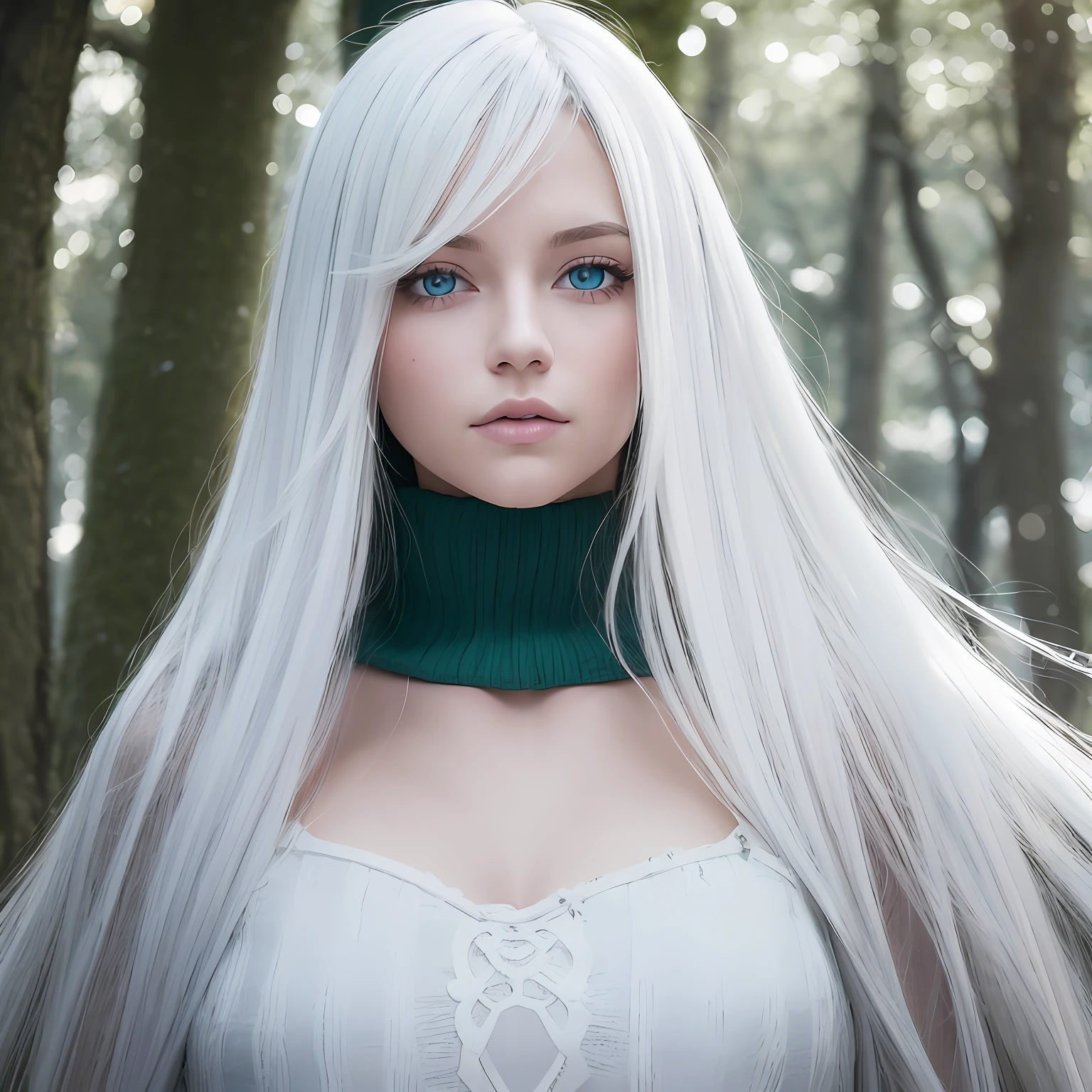 best qualtiy, tmasterpiece, White hair, eBlue eyes,A girl, exteriors, The upper part of the body, Realistis, Floating hair, Snowy, Detailed face,autumnal,Green trees,Sunshine --auto