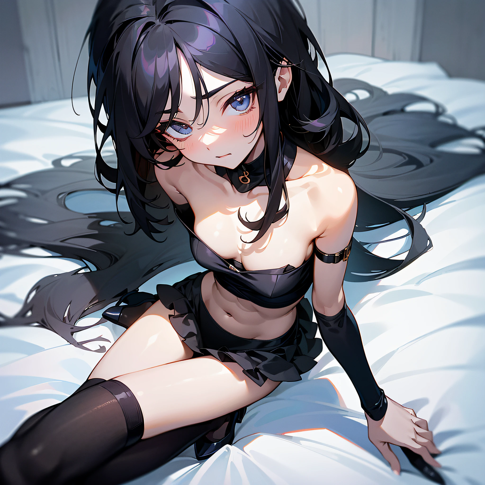 ((best qualtiy, 8k, tmasterpiece:1.3)), sharp:1.2, perfect figure beautiful woman:1.4, Slim abs:1.2, ((Layered Hair Style, :1.2)),black lence stockings,high-heels,The expression is grim,Long black hair,Highly detailed facial and skin texture,A detailed eye,二重まぶた,Look at the camera head-on,seductiv, --auto