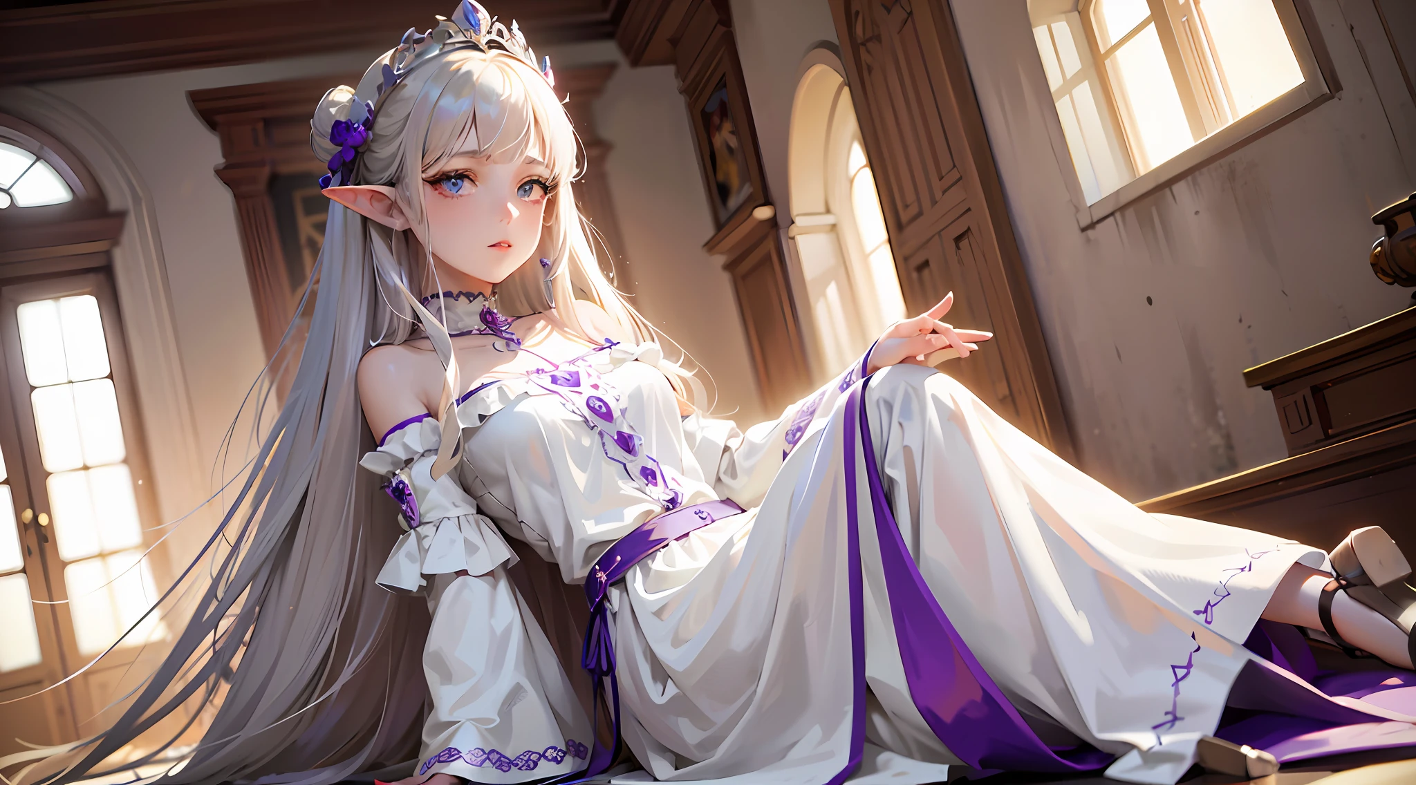 Anime - Stylistic image of a woman in a white dress and a purple dress, beautiful and elegant elf queen, Elf Princess, portrait of an elf queen, beautiful elven princess, a beautiful fantasy empress, beautiful elf with violet skin, Palace ， A girl in Hanfu, blond-haired princess, ((a beautiful fantasy empress)), Guviz-style artwork