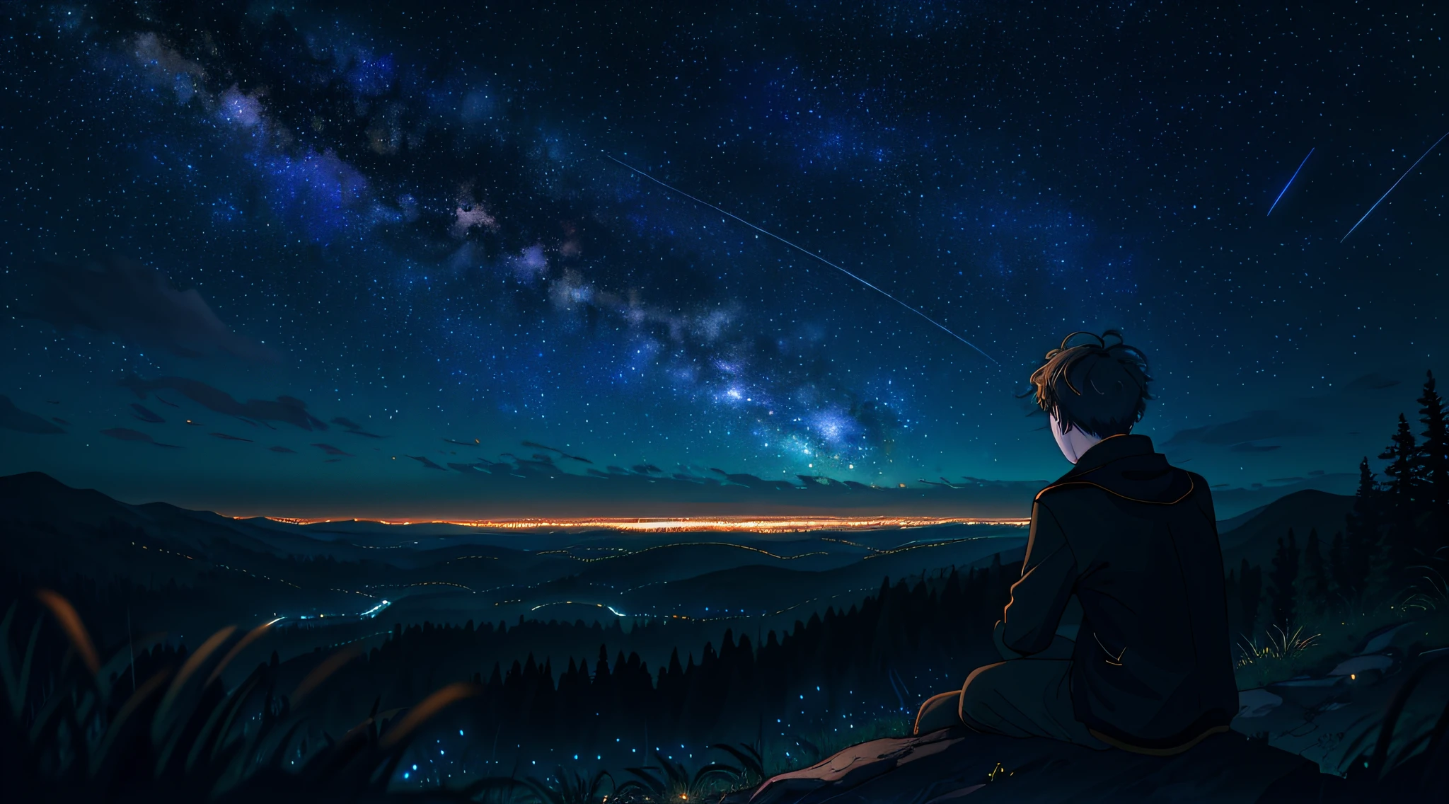 1 boy sitting on a hill,Gaze up at the vibrant night sky of shooting stars,ln the forest,moodiness,facing away,astrophotography,Atmospheric moonshine,high light,distant city
