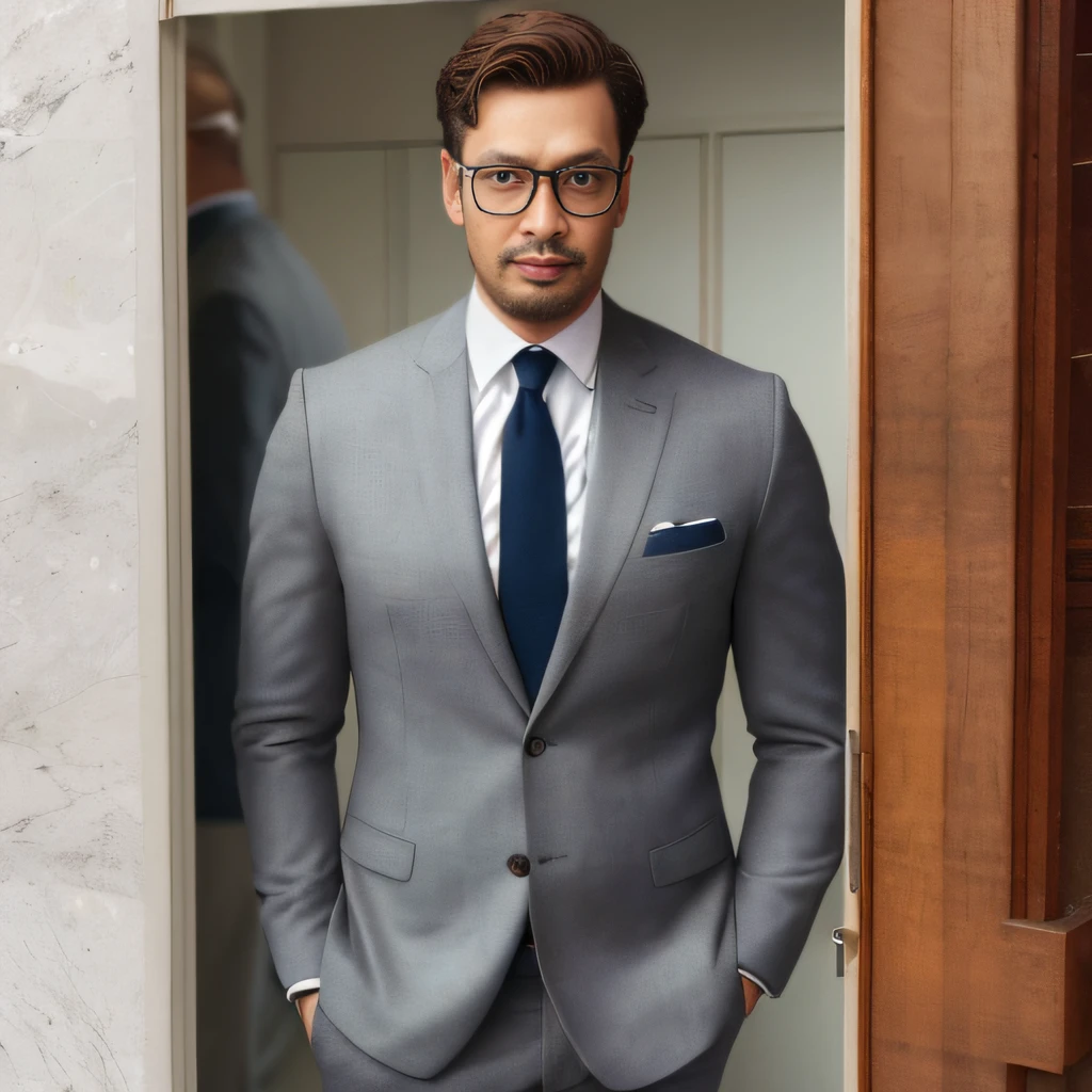 Realistic,  (masterpiece, best_quality:1.1), a man wearing glasses  standing in front of a glass door with a cross on it, zegna, Drop+7, Double vents, Notch lapels, Flap pockets, 2-button closure, Fully lined, Deconstructed, 100%+Wool, Grey, suits, young, wearing a undercloth and tie, oxford knot