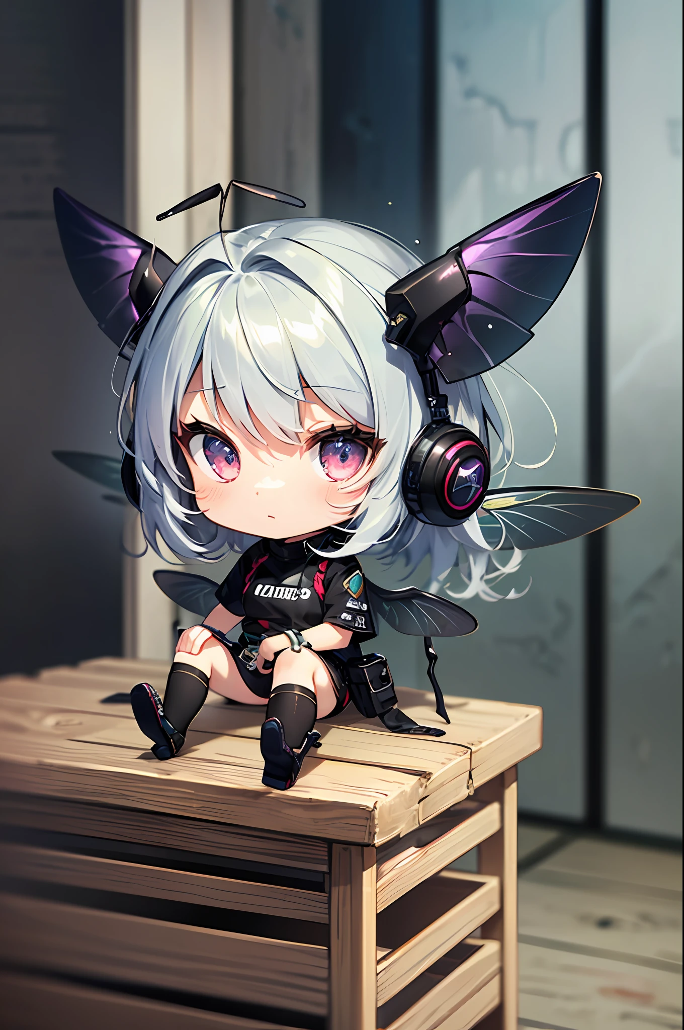 (Chibi: 1.3), strange face, (sitting with legs outstretched), full body, indoors, on the table, (bio punk), research facility, A chibi character with insect antennae and wings,