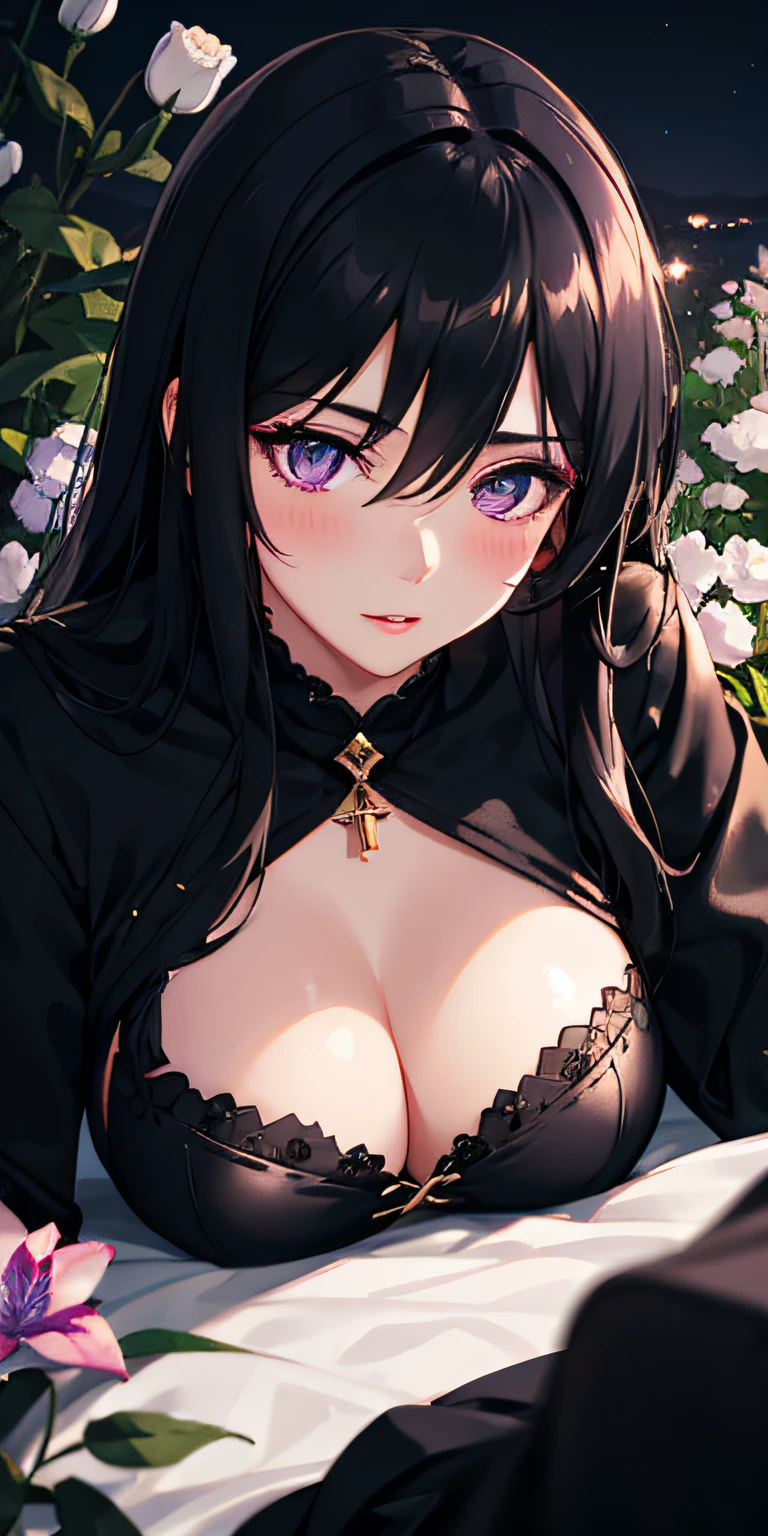 ****, Realistic, 1girll, Black hair, Purple eyes, Large breasts, Black skirt, Black jacket, grey shirt, Wear black silk thighs, Glow, Glowing eyes, Lips, Blush, Makeup, Night, Flowers, Light rays, Genshin Impact:0.6,lying down，A shy look