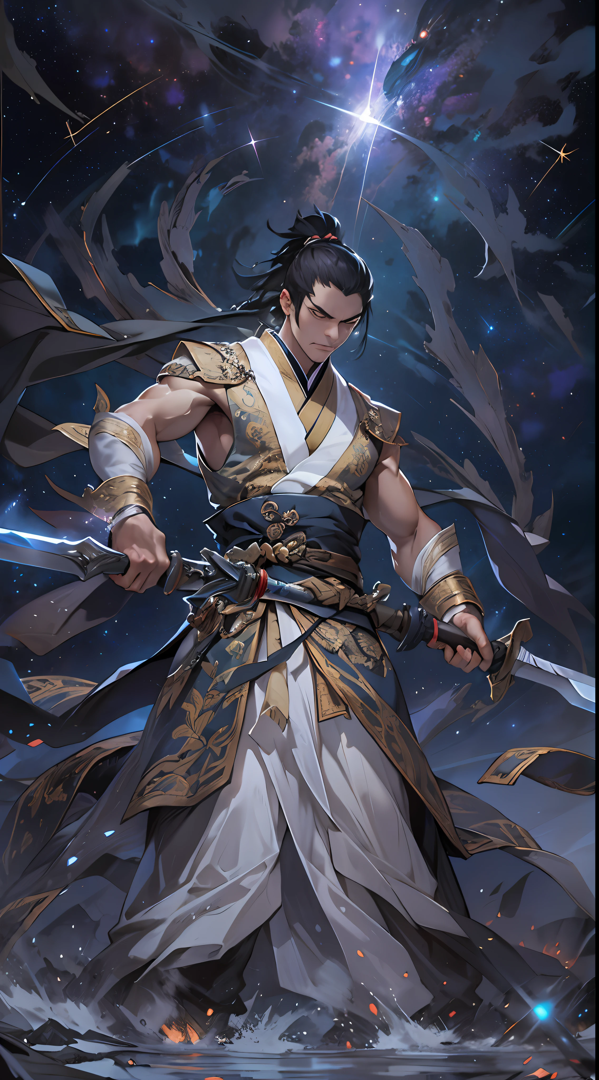 A determined man, Li Gu, retreats quickly to a distance of fifty thousand meters from a giant evil spirit, gripping his weapon tightly, with a resolute gaze, surrounded by a vast space background with twinkling stars, , 32k, best quality, masterpiece, super detail, high details,