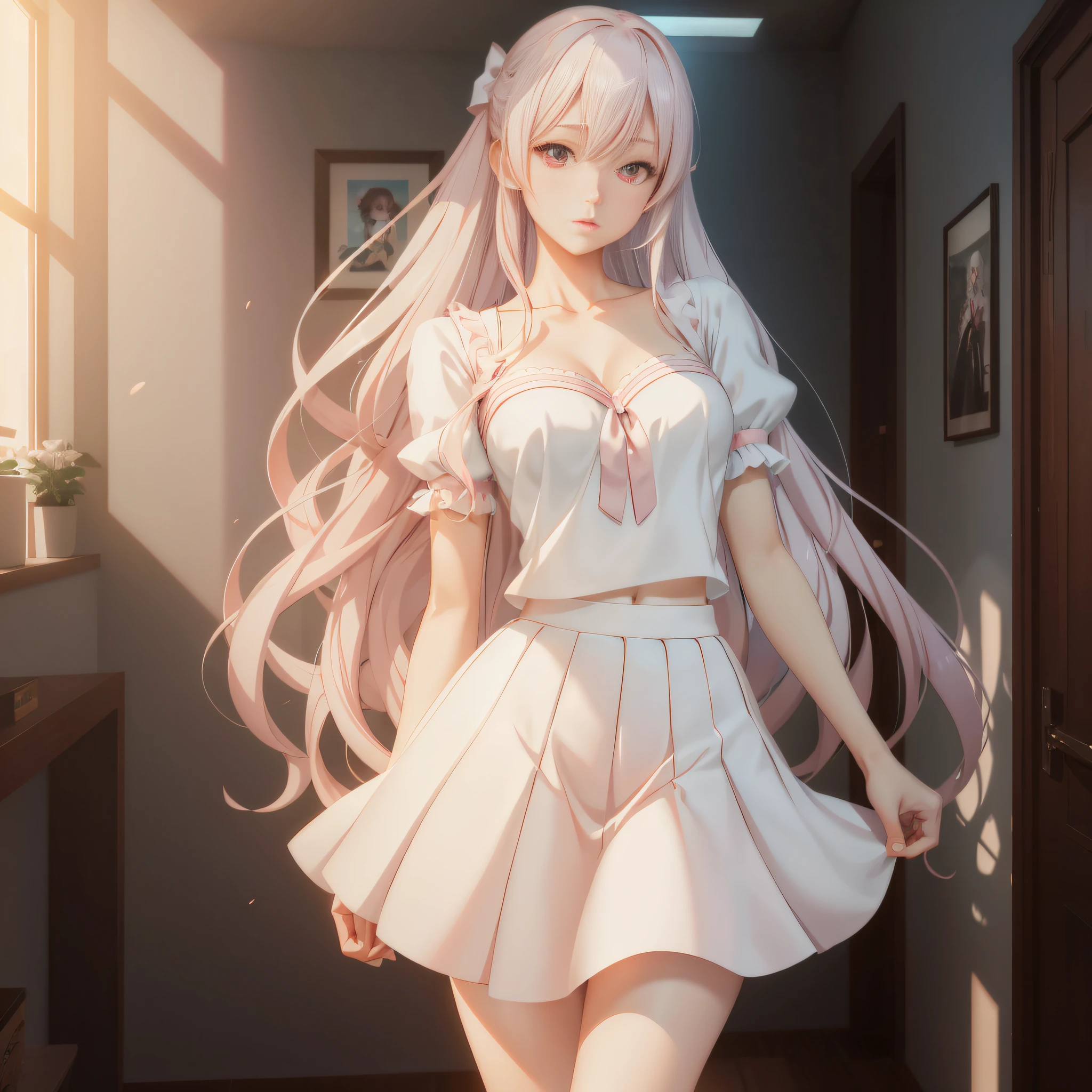 Anime girl posing in short skirt and top in room, Smooth anime CG art, Anime. Soft lighting, anime styled 3d, photorealistic anime girl rendering, Realistic anime 3 D style, cute anime waifu in a nice dress, in dress, render of a cute 3d anime girl, High quality detailed art in 8K, Anime style. 8K