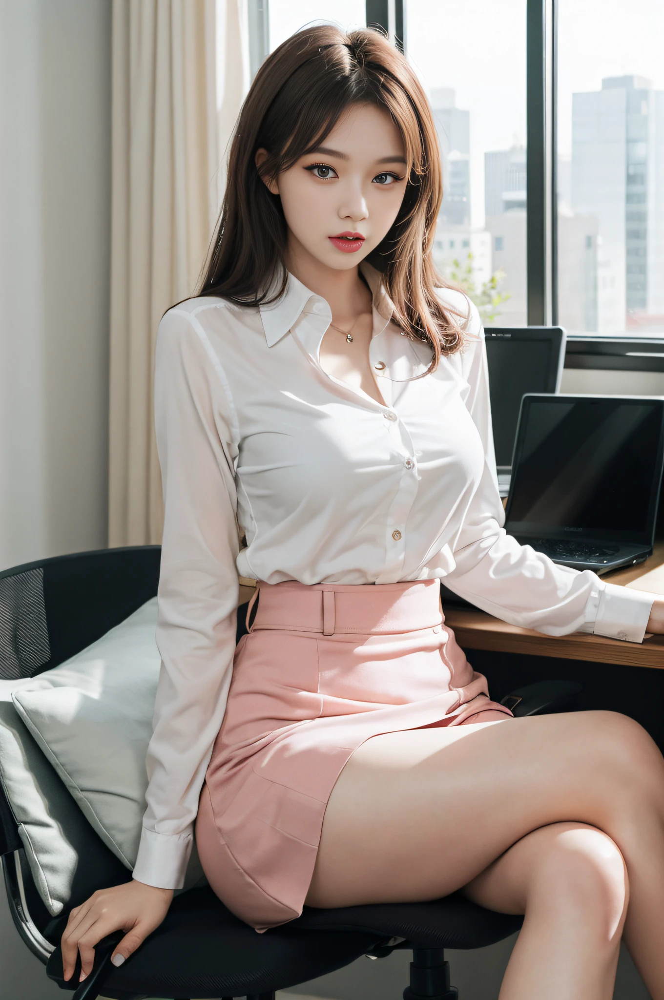 Top image quality、Raw photography、超A high resolution、17-year-old Korean、big round chest、Formal shirts、Chic shirt、Formal Office Skirt、fair white skin、shiny white skin、Beautiful eyes with random colors、beautiful eyes finely detailed、elongated eyes、pale pink blush、long eyeslashes、beautiful double eyelid、eyeshadows、Glowing brown hair、Beautiful and thin legs、luxury watch、Big desk of the president of a large company、Large corporate offices