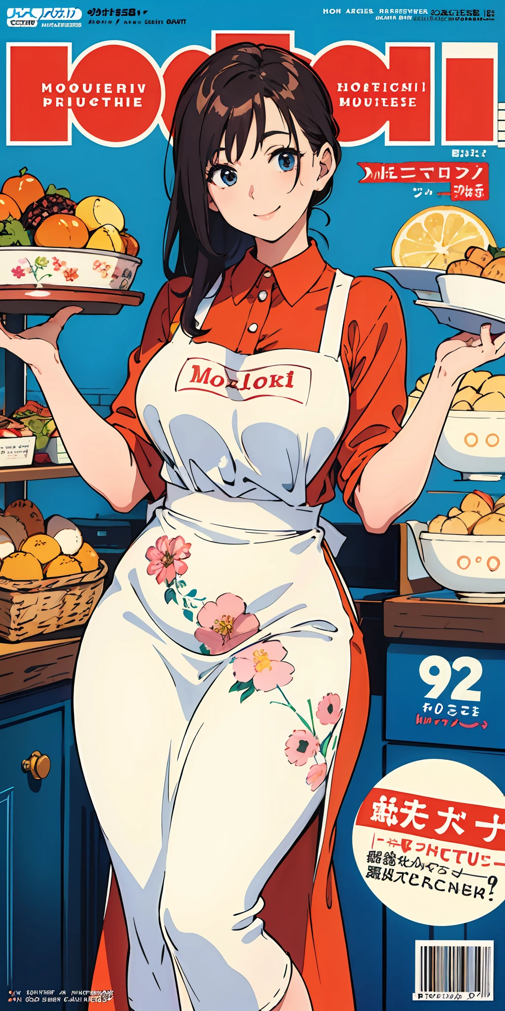 (Best Quality, Masterpiece), Women's Cooking Magazine Cover, 1girl, 20 years old, stunning, cute, warm smile, hourglass figure, floral dress, apron, food, text, chart, advertising, magazine title