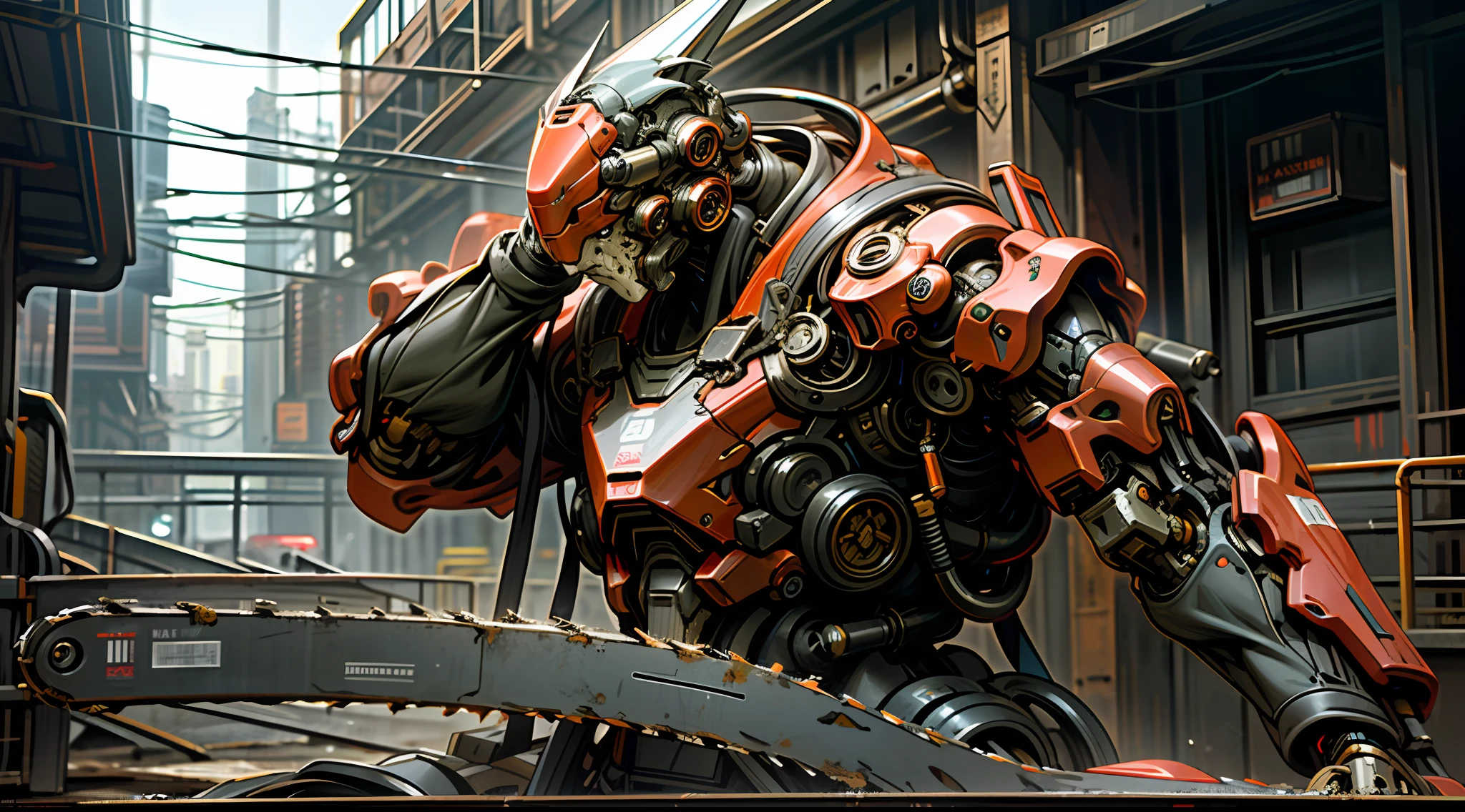 Dark_Fantasy,Cyberpunk,(chain saw,chain saw man,Red:1.1),1man,Mechanical marvel,Robotic presence,Cybernetic guardian, wearing a worn-out mech suit, intricate, (steel metal [rusty]), elegant, clear focus, shot by greg rutkowski, soft lighting, vibrant colors, masterpiece, ((street)), cowboy shot, dynamic pose,