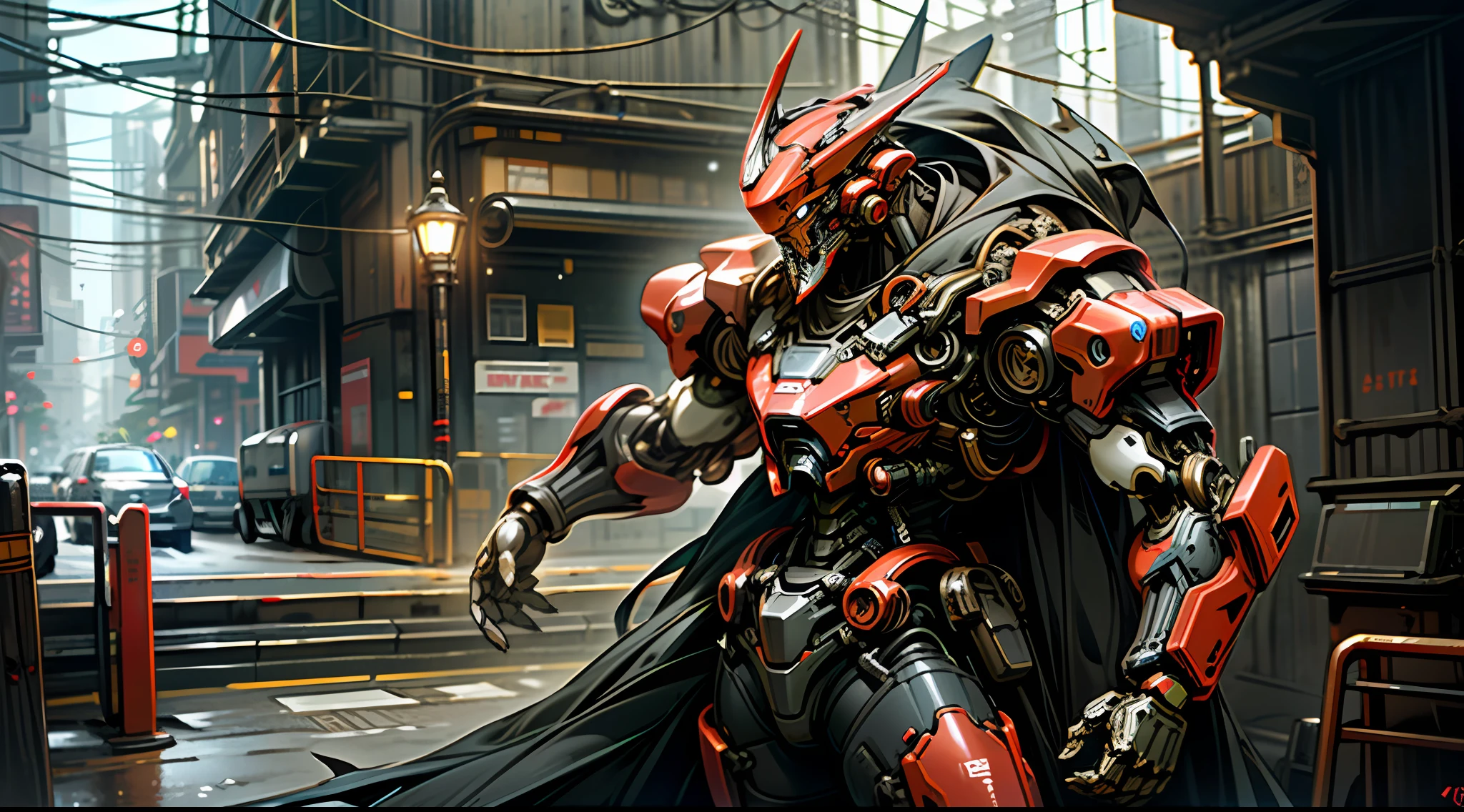Dark_Fantasy,Cyberpunk,(chain saw,chain saw man,Red:1.1),1man,Mechanical marvel,Robotic presence,Cybernetic guardian, wearing a worn-out mech suit, intricate, (steel metal [rusty]), elegant, clear focus, shot by greg rutkowski, soft lighting, vibrant colors, masterpiece, ((street)), cowboy shot, dynamic pose,