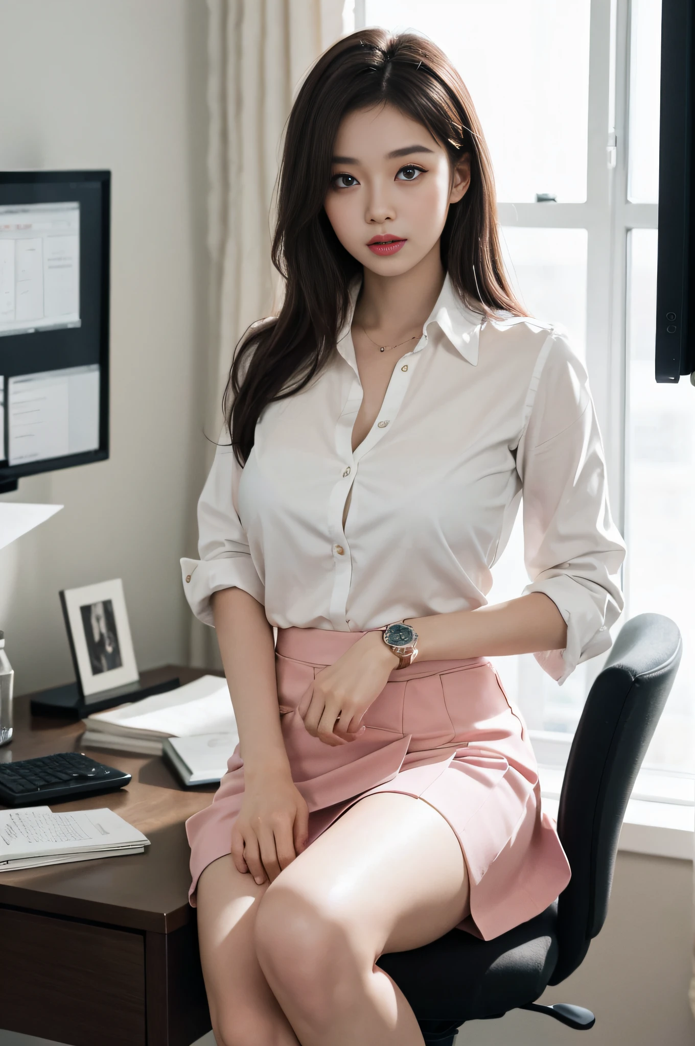 Top image quality、Raw photography、超A high resolution、-yeld Kon、big round chest、Formal shirts、Chic shirt、Formal Office Skirt、fair white skin、shiny white skin、Beautiful eyes with random colors、beautiful eyes finely detailed、elongated eyes、pale pink blush、long eyeslashes、beautiful double eyelid、eyeshadows、Glowing brown hair、Beautiful and thin legs、luxury watch、Big desk of the president of a large company、Large corporate offices