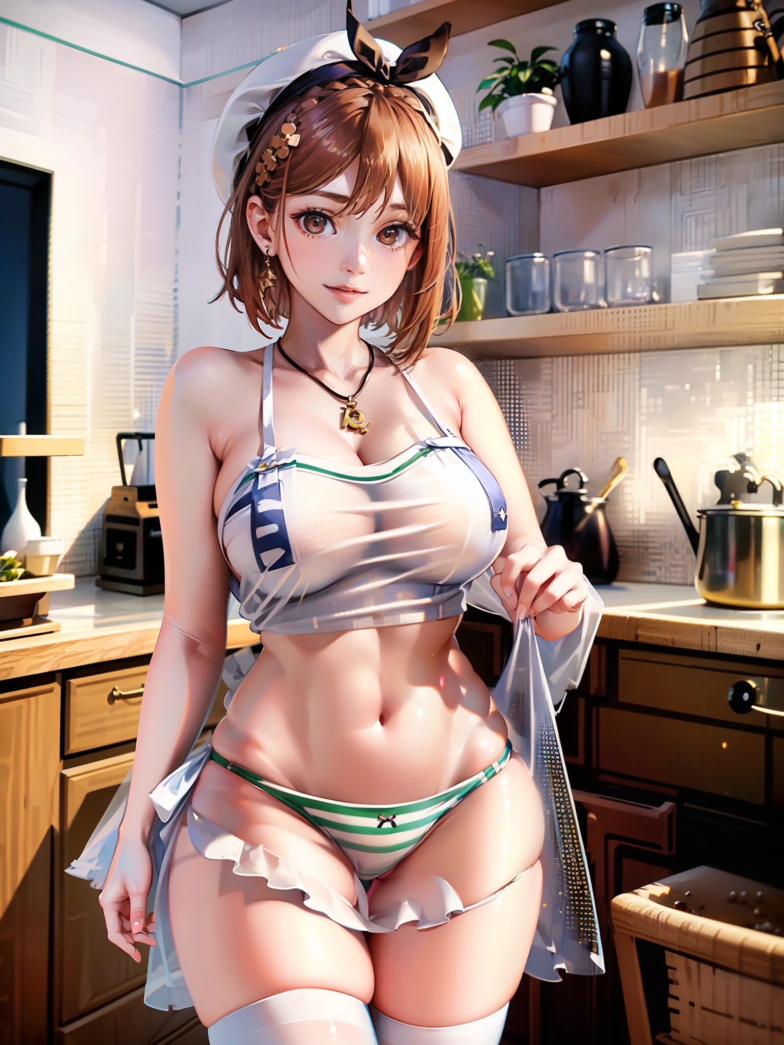 (​masterpiece), (Top image quality), (ultra-definition), (Best Illustration), (Best Shadow), 超A high resolution, (Photorealsitic:1.4), 1 girl at home, Modern bright western home kitchen、((A transparent white long apron covers the naked body)), 鎖骨, (Soft big、the presence of a protrusion in the center of the small areola,,,,), (short-cut、White beret、bangss), see the beholder, a little thick and soft tummy、(rather thick and soft thighs,、slightly thicker and softer calves、toned ankles)、(A slight smil、Refreshing look)、soft and big buttocks、(Female genitalia are covered with white and light blue striped low-leg panties、Small panties with a low cut)、Wear stockings that cover from thigh to toe、