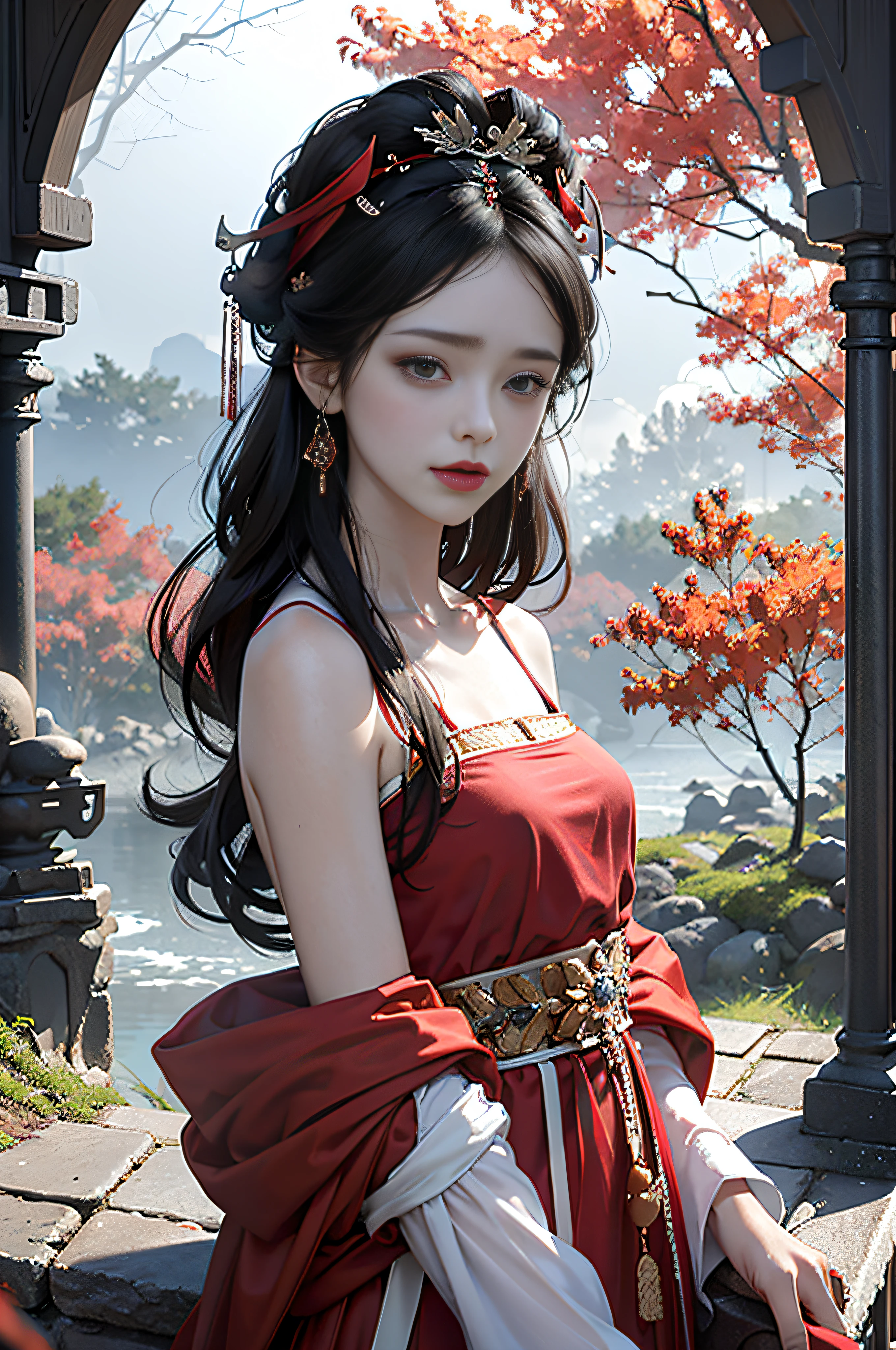Official Art, Unity 8k wallpaper, super detailed, beautiful, beautiful, masterpiece, best quality, mystery, romanticism, horror, literature, art, fashion, Tang dynasty era, decoration, intricate, embroidery, red hanfu, red tulle coat, 1 girl, black hair, red headband, red hairpin, sad, fatalistic, bust composition, dramatic composition, movie lighting, dynamic perspective, sexy, nudity, full of temptation, red maple forest, maple leaves falling, red maple background, cloudy fog, dramatic composition,