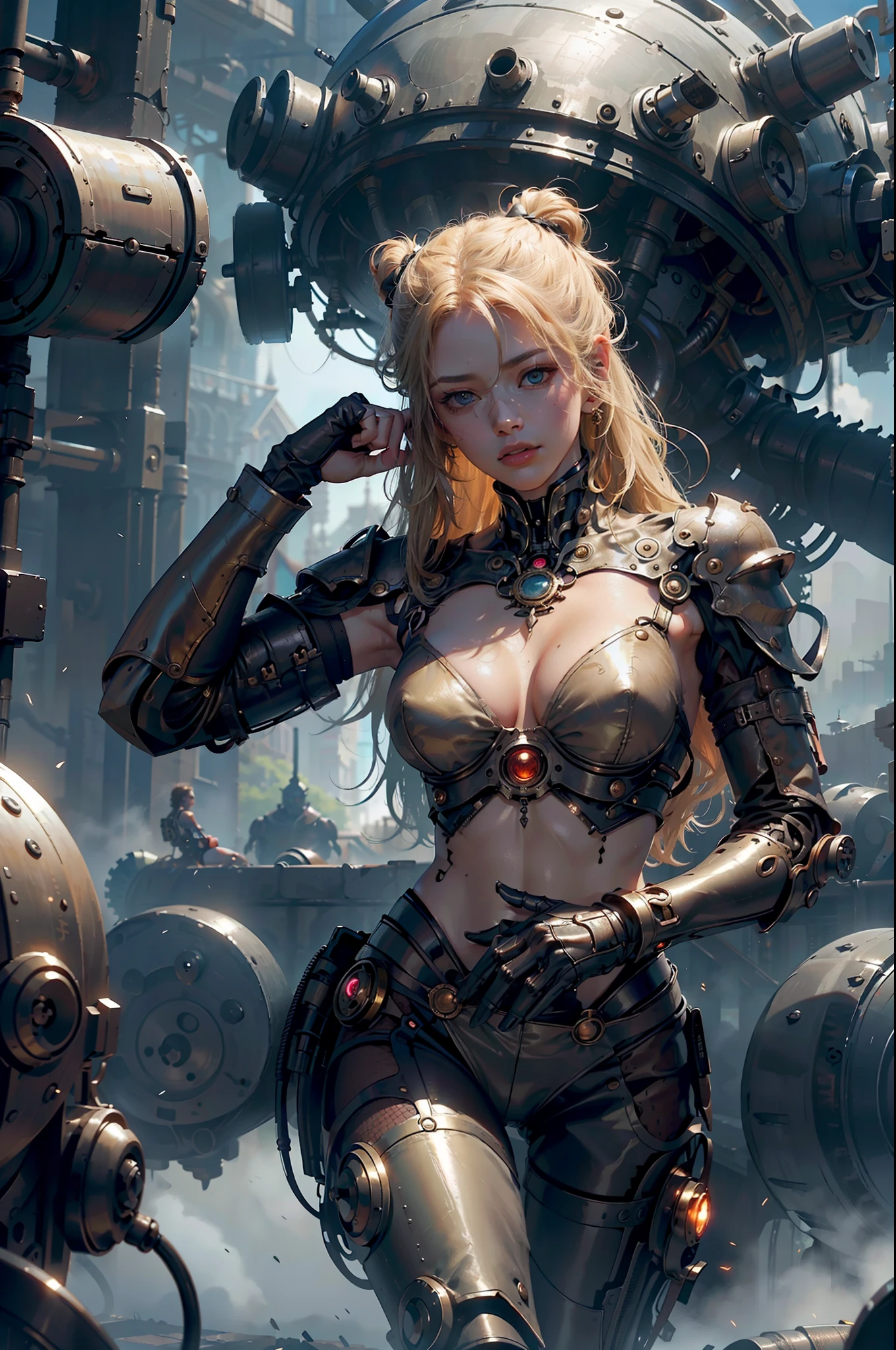 steampunc, ((masutepiece)), (Best Quality), nffsw, retinas, ccurate, ((Anatomically correct)), Textured skin, Super Detail, high details, High quality, awardwinning, Best Quality, hight resolution, 8K, drop shadow, anaglyph, stereograms, Atmospheric perspective, surrealism, depth of fields, reflective light, Backlighting, outside border, move chart, out of frame, Dutch Angle, Dutch Angle, Cowboy Shot, 8K, Super Detail, ccurate, ((two people, Girl and Cyborg Monster)), (girl with, A dark-haired, length hair, bangss, Twin-tailed, red blush, longeyelashes, Solid Circle Eyes, cleavage of the breast, a navel, abdominals, ((Very shiny skin)), (juicy skin), Very shiny clothes), (Cyborg Monsters, Blonde cyborg with metal body next to girl, metal face, Tall macho monster), outside of house, Complex mechanical devices, Machine Wall, Gigantic Cogwheel, Countless gears, Lots of plumbing, Steam gushes out of the chimney, Hot water flowing down the pipe, spark of light, Many instrument panels,actionpose,