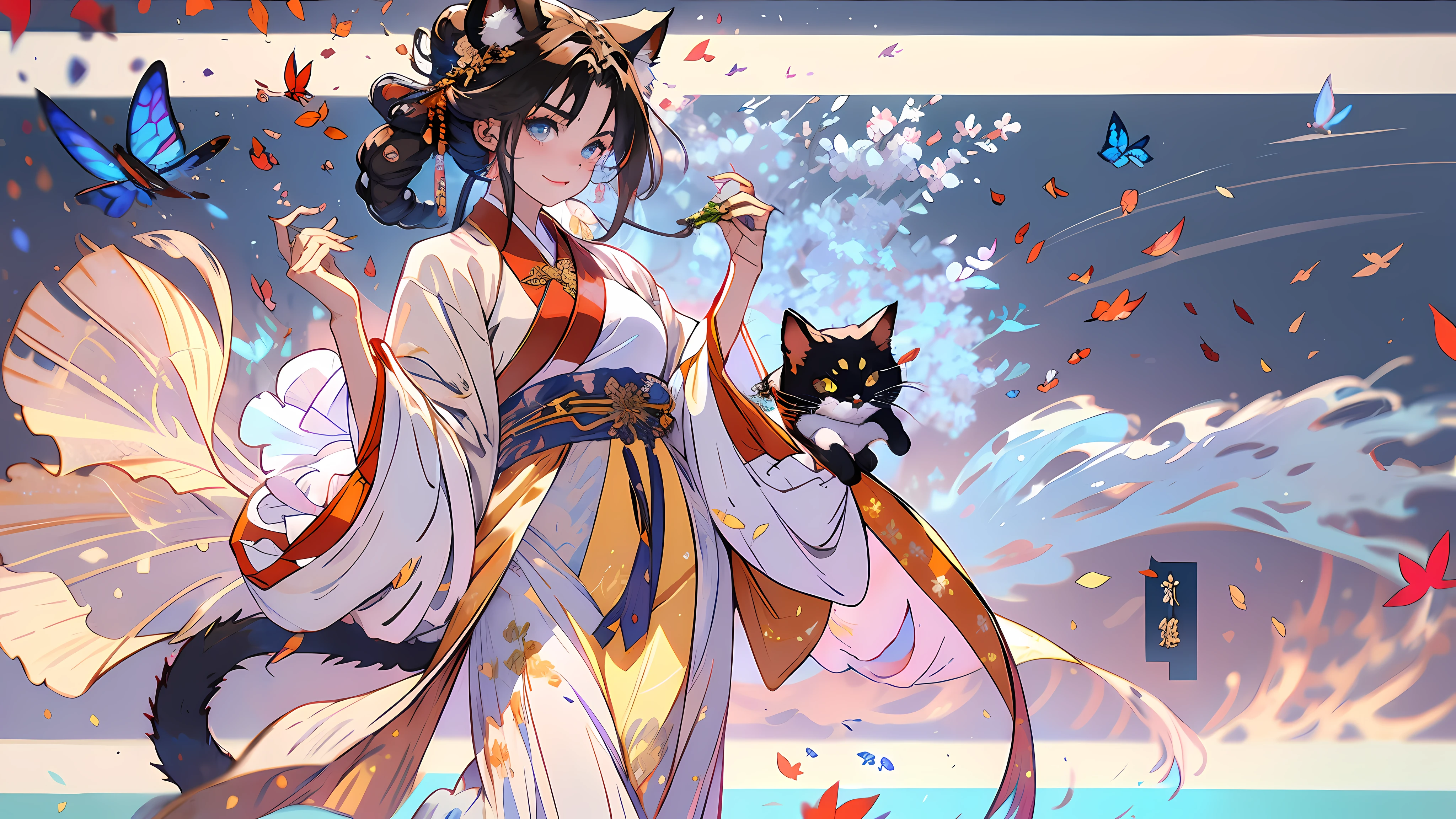 tmasterpiece,Need,Hanfu,Chinese costumes,1girll,Cat cat anthropomorphic,Bell,brunette color hair,Cat ears,cat paws,a cat tail,butterflys,The barefoot,独奏,hair adornments,sitted,Hanfu,Hanfu,Anklets,leafs,the fruits,jewelry,White background,longer sleeves,simplebackground,food,grapes, full bodyesbian, single hair bun,, hair stick, Wide sleeves, hair-bun, ssmile, intersection, looking at viewert, long whitr hair, Keep your mouth shut, putting hand up, florals, Take the leaves, A piano
