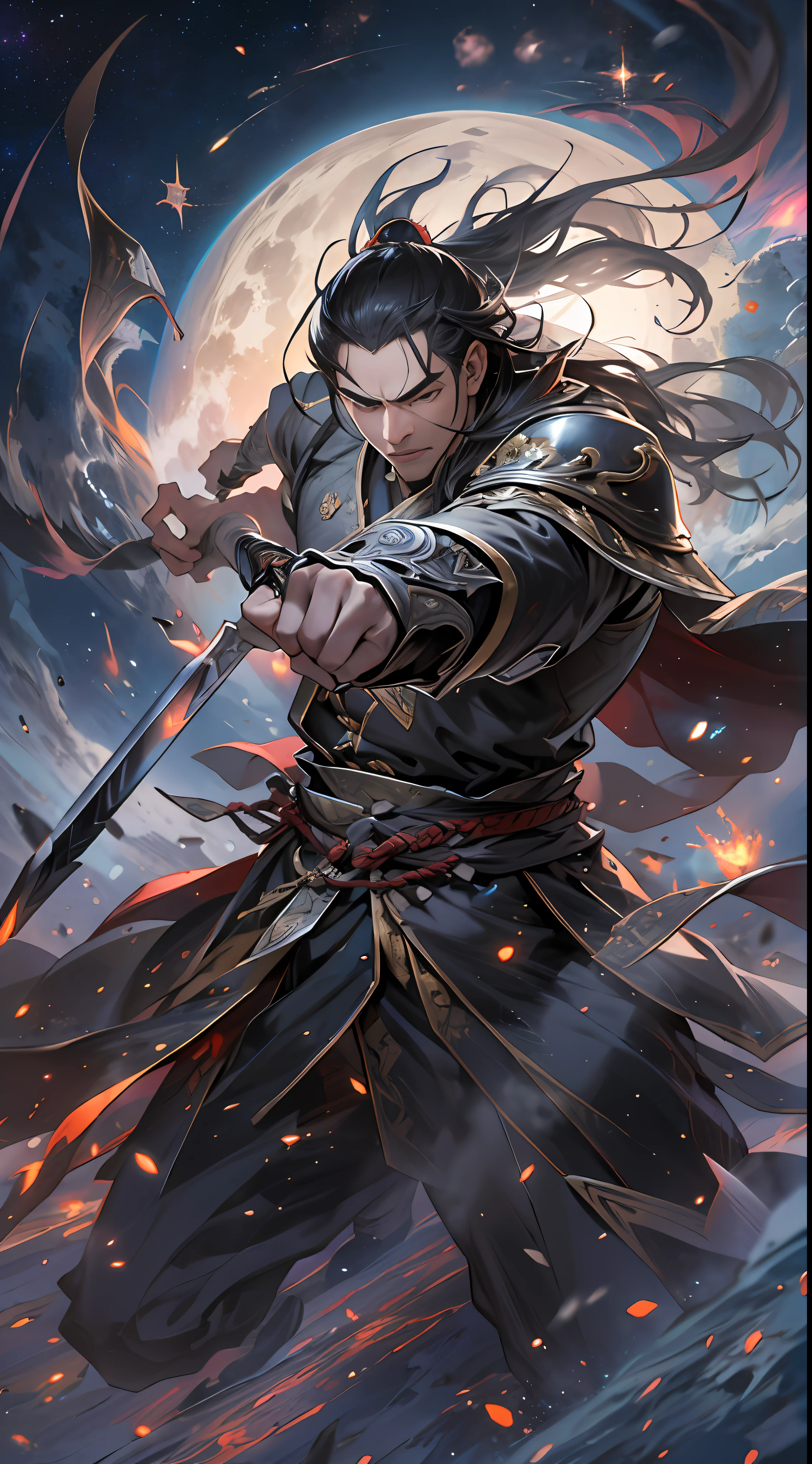 A determined man, Li Gu, retreats quickly to a distance of fifty thousand meters from a giant evil spirit, gripping his weapon tightly, with a resolute gaze, surrounded by a vast space background with twinkling stars, , 32k, best quality, masterpiece, super detail, high details,