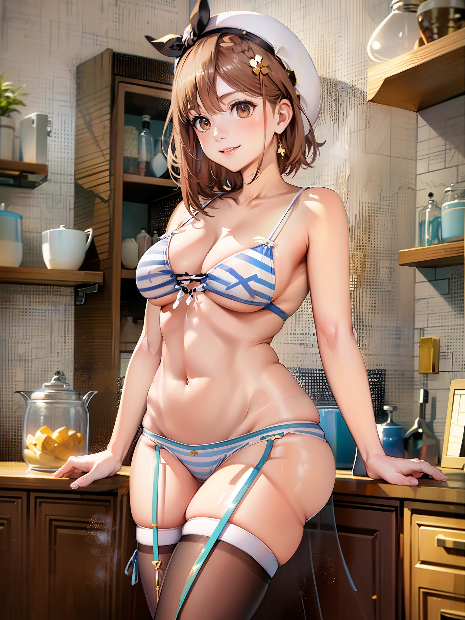 (​masterpiece), (Top image quality), (ultra-definition), (Best Illustration), (Best Shadow), 超A high resolution, (Photorealsitic:1.4), 1 girl at home, Modern bright western home kitchen、((Wearing a transparent white long apron over naked)), 鎖骨, (Soft big、the presence of a protrusion in the center of the small areola,,,), (short-cut、White beret、bangss), see the beholder, a little fat and soft tummy、(slightly fat and soft thighs、a little fat and soft calves、toned ankles)、(A slight smil、Bright smile)、soft and big buttocks、(Female genitalia are covered with white and light blue striped low-leg panties、Small panties with a low cut)、Wearing stockings that cover from thigh to toe、