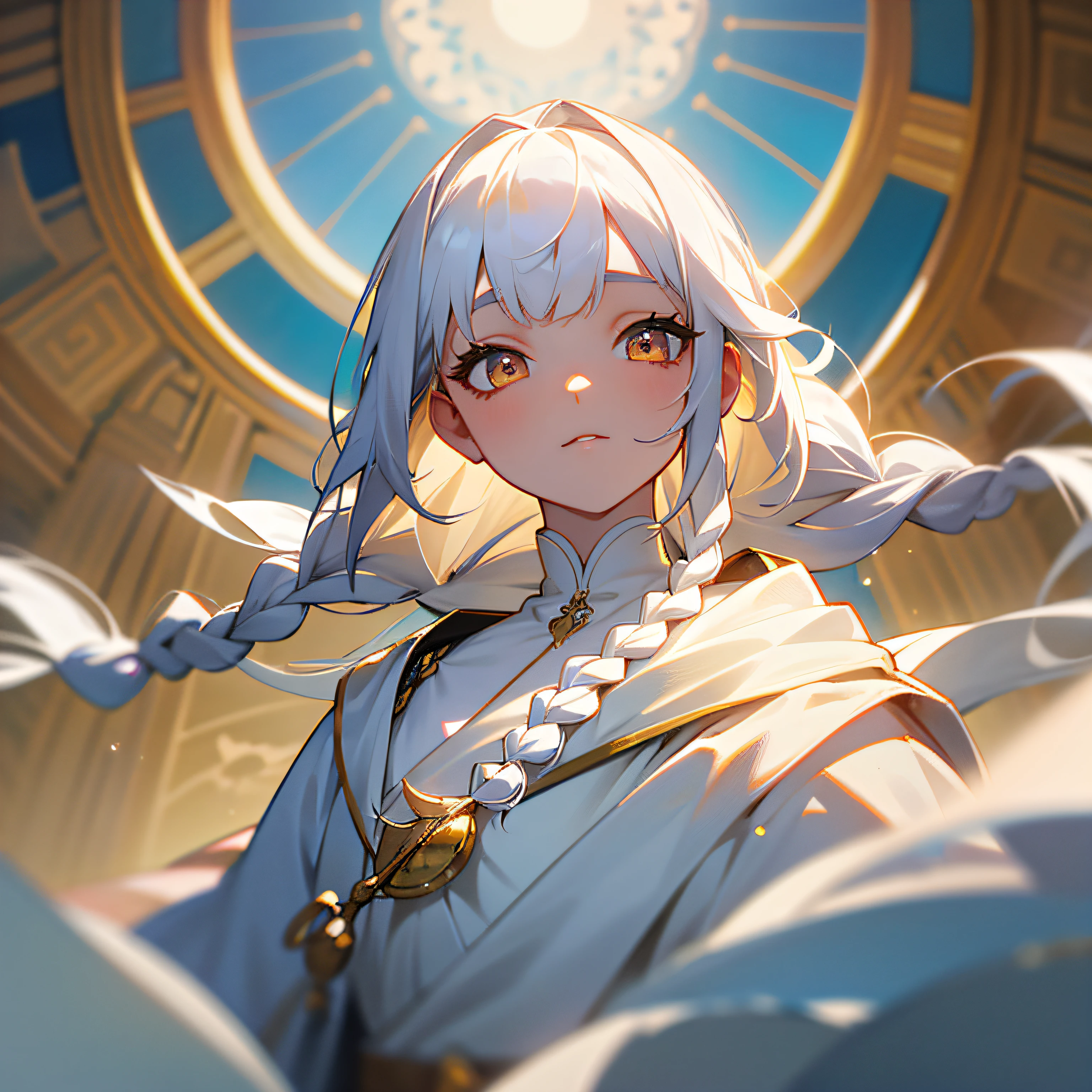 best quality, masterpiece,white hair, gold eyes,white clothes, looking up, upper body,hair strand,Fair skin,side braids --auto