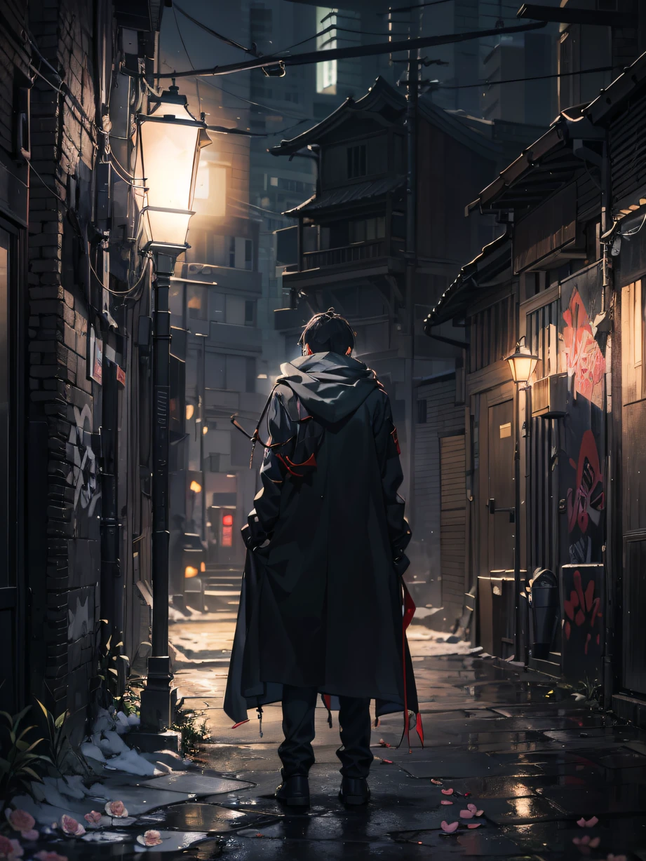 ，masterpiece, best quality，8k, ultra highres，The protagonist stands alone in a dark alley，The faint street lamps cast illusory light and shadow。His figure was thin and low-hanging，It withers like a flower crushed by sadness。The graffiti on the wall is blurry and melancholy，It reflects the pain and helplessness in his heart。