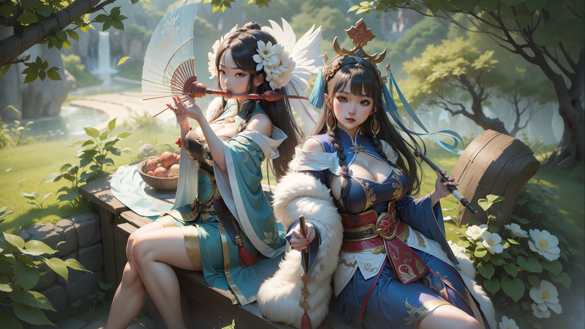 Romance of the Three Kingdoms in Big Qiao Xiao Qiao,twogirls,One plays the flute, the other holds a fan,tmasterpiece,max detail,A high resolution,最好质量,gigantic cleavage breasts,Raised sexy,long leges,show legs, Raised sexy,Nice background,Spread the ass,enchanting