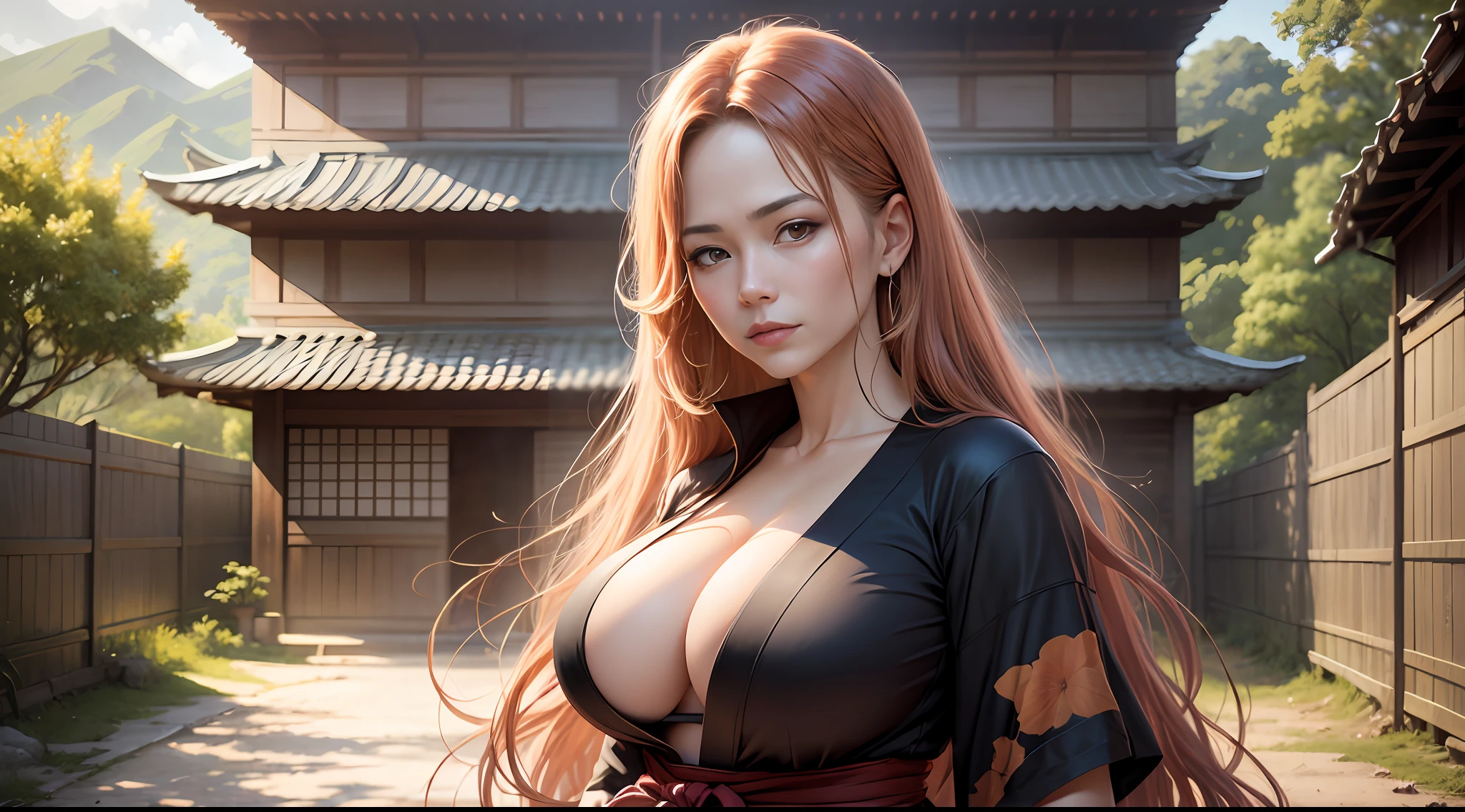 Realistic Potrait of Rangiku Matsumoto, art by Tite Kubo, Huge Breast 1:3, Orange Long Hair, wearing Black Hakama, in the Japanese Village, High Resolution, High Definition --auto --s2