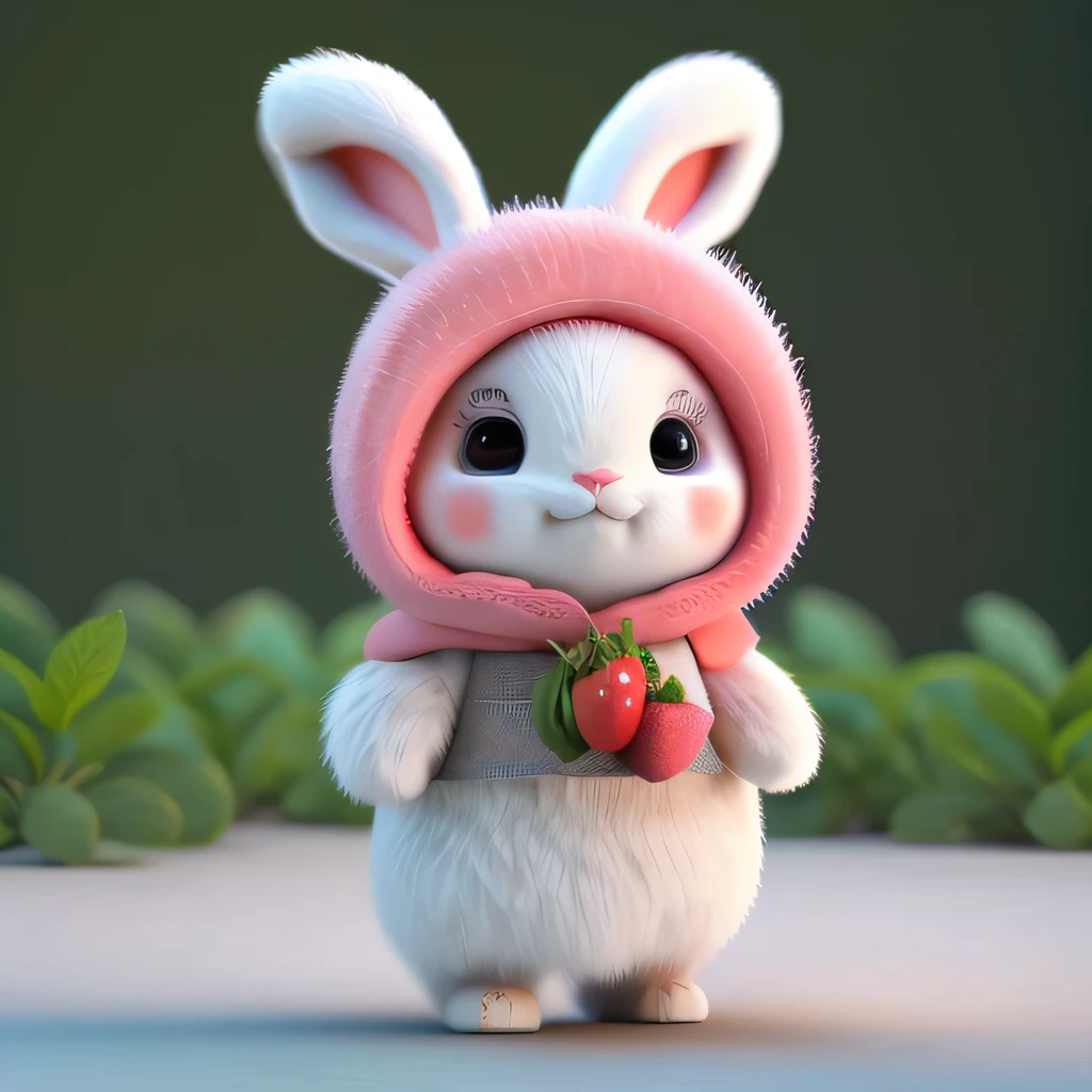 : 3. bunny, realistic, furry animal, apple, black eye, blush, cherry, food, fruit, full body, hat, non-human, strawberry, tomato, watermelon