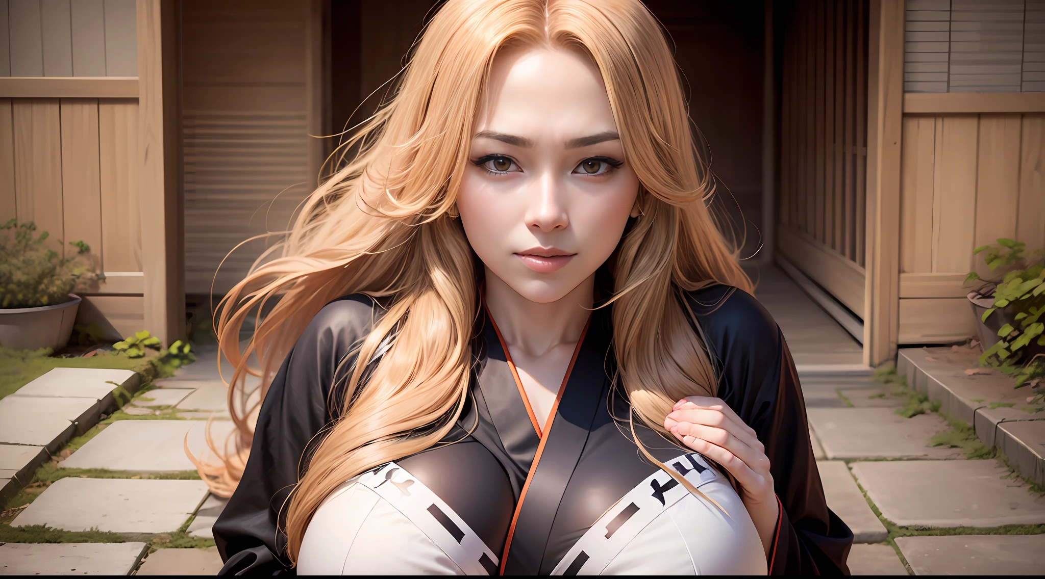 Realistic Potrait of Rangiku Matsumoto, art by Tite Kubo, Huge Breast 1:3, Orange Long Hair, wearing Black Hakama, in the Japanese Village, High Resolution, High Definition --auto --s2