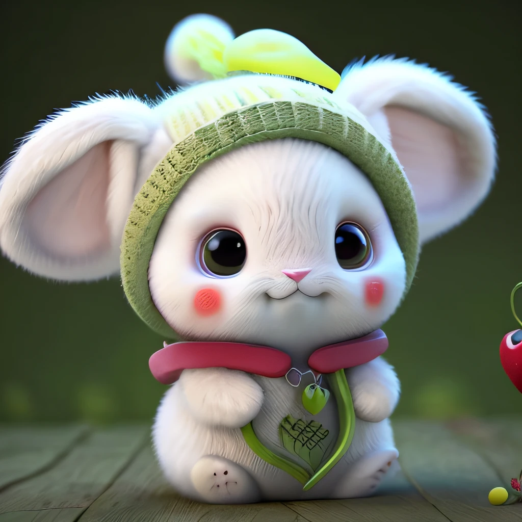 : 3. bunny, realistic, furry animal, apple, black eye, blush, cherry, food, fruit, full body, hat, non-human, strawberry, tomato, watermelon