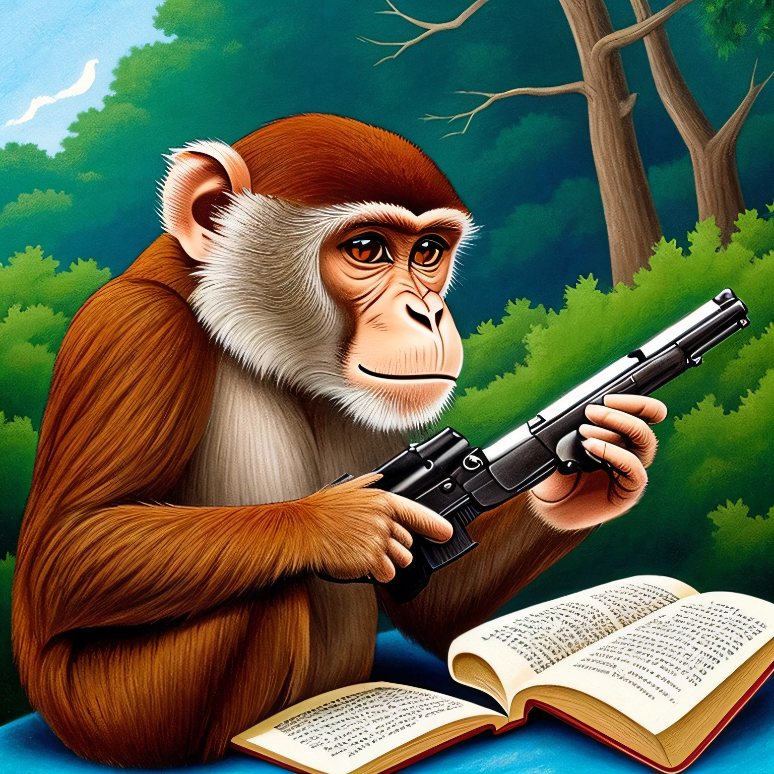 Can you draw a picture of a monkey shooting a gun while reading a book? --auto