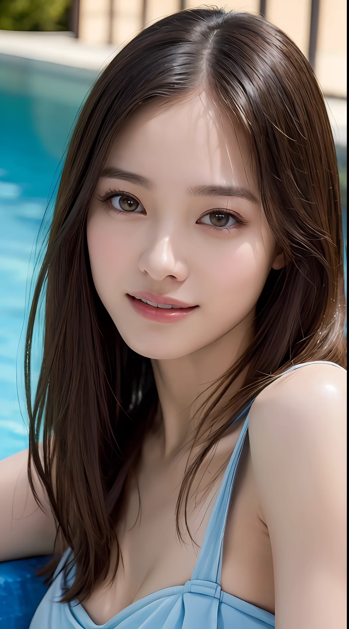 ((Top Quality, 8k, Masterpiece: 1.3)), 1 woman, Beautiful girl with slender abs: 1.3, Big: 1.2, Seductive pose, Pool, Ultra detailed face, High detailed lips, Detailed eyes, Double eyelids, Smile