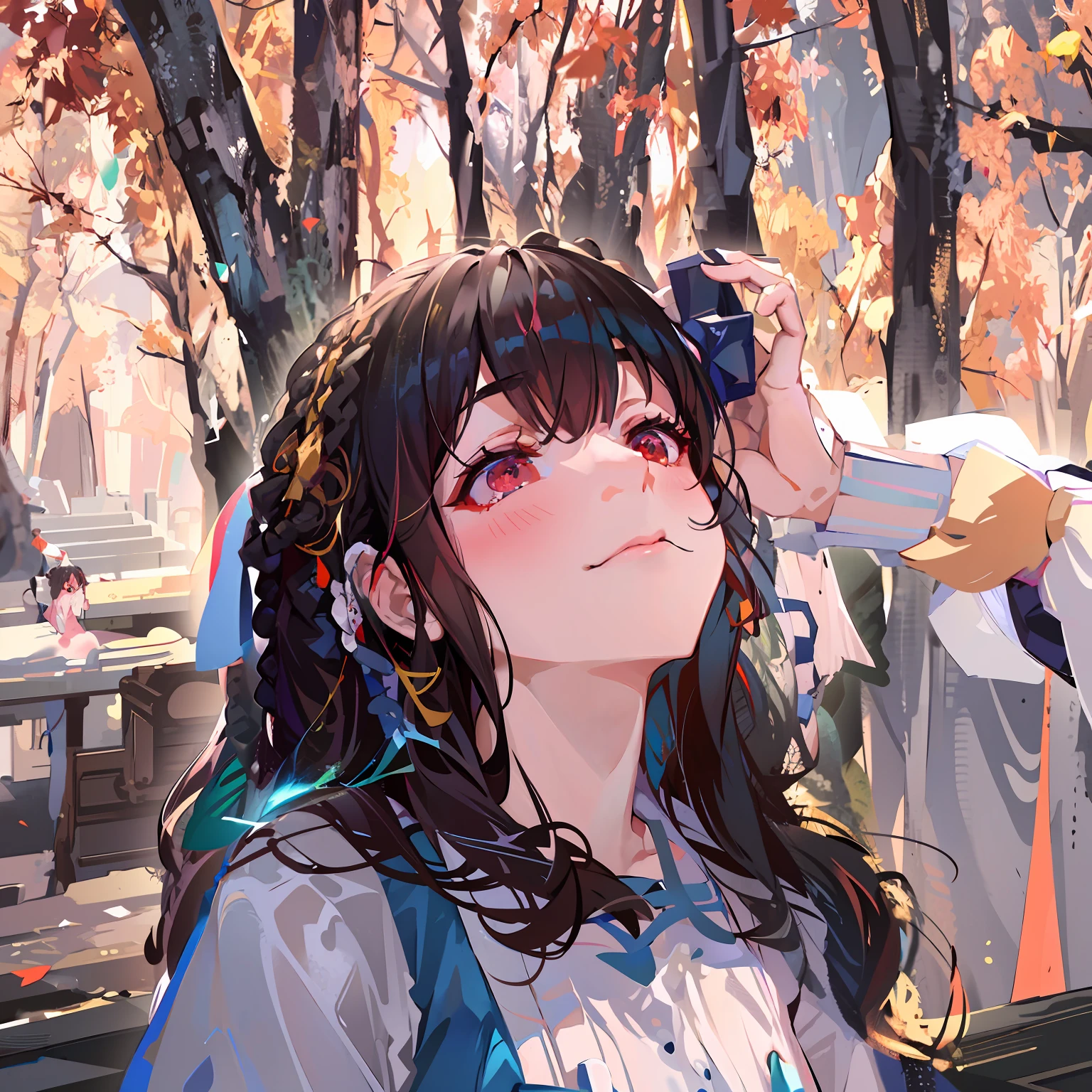 There was a woman standing in the woods，Hold your head in your hands, xintong chen, , ulzzangs, fairy core, shikamimi, chiho, Anime girl in real life, Ruan cute vtuber, belle delphine, portrait of magical loliirl, cute kawaii girls, kanliu666, lofi-girl