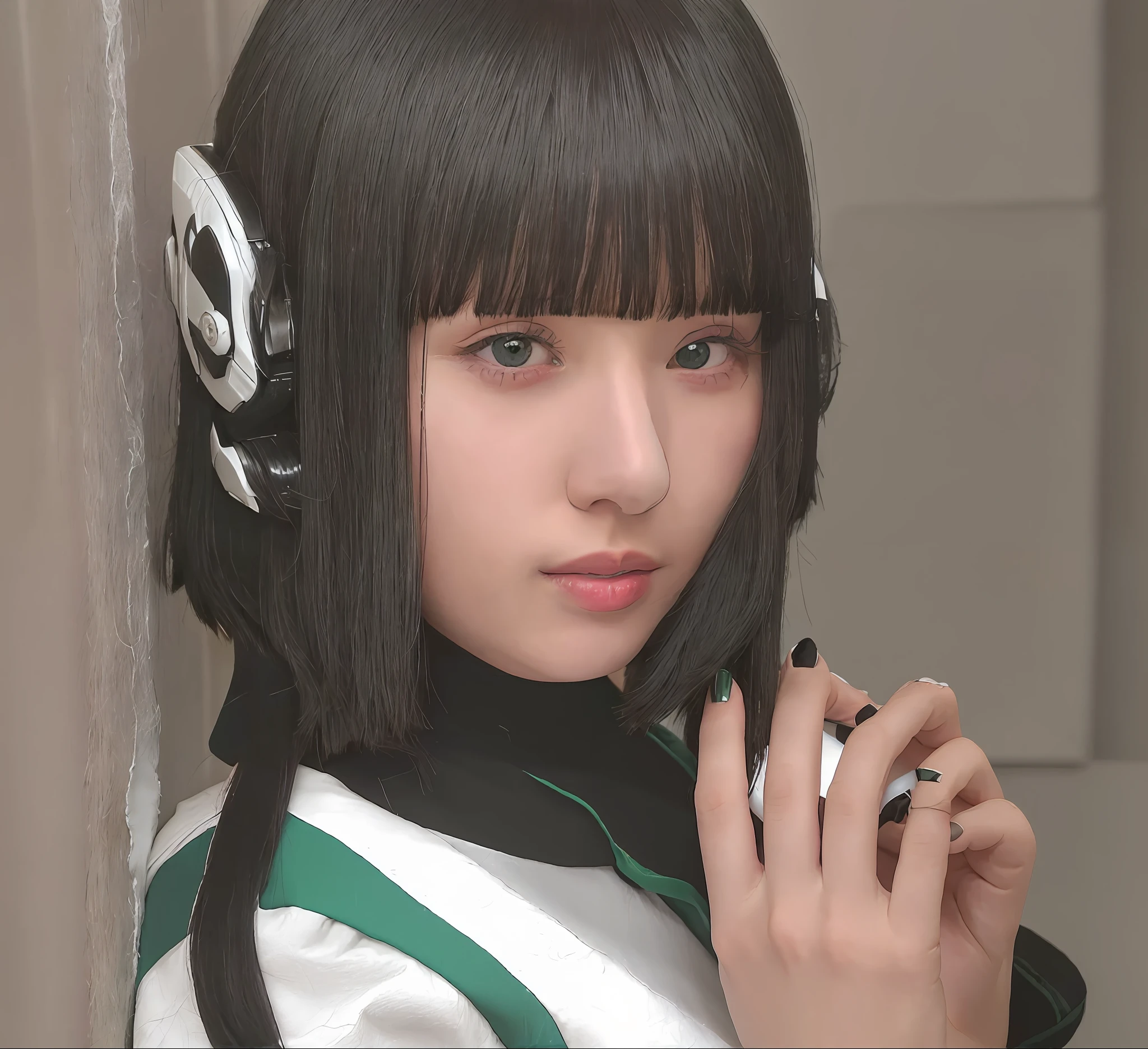 There was a woman dressed in green and white holding a mobile phone, perfect android girl, portrait anime space cadet girl, hime-cut, white hime cut hairstyle, black hime cut hair, android heroine, sci - fi look, sui ishida with black hair, e - girl, E-Girl, shikamimi, She has black hair，By bangs, chiho