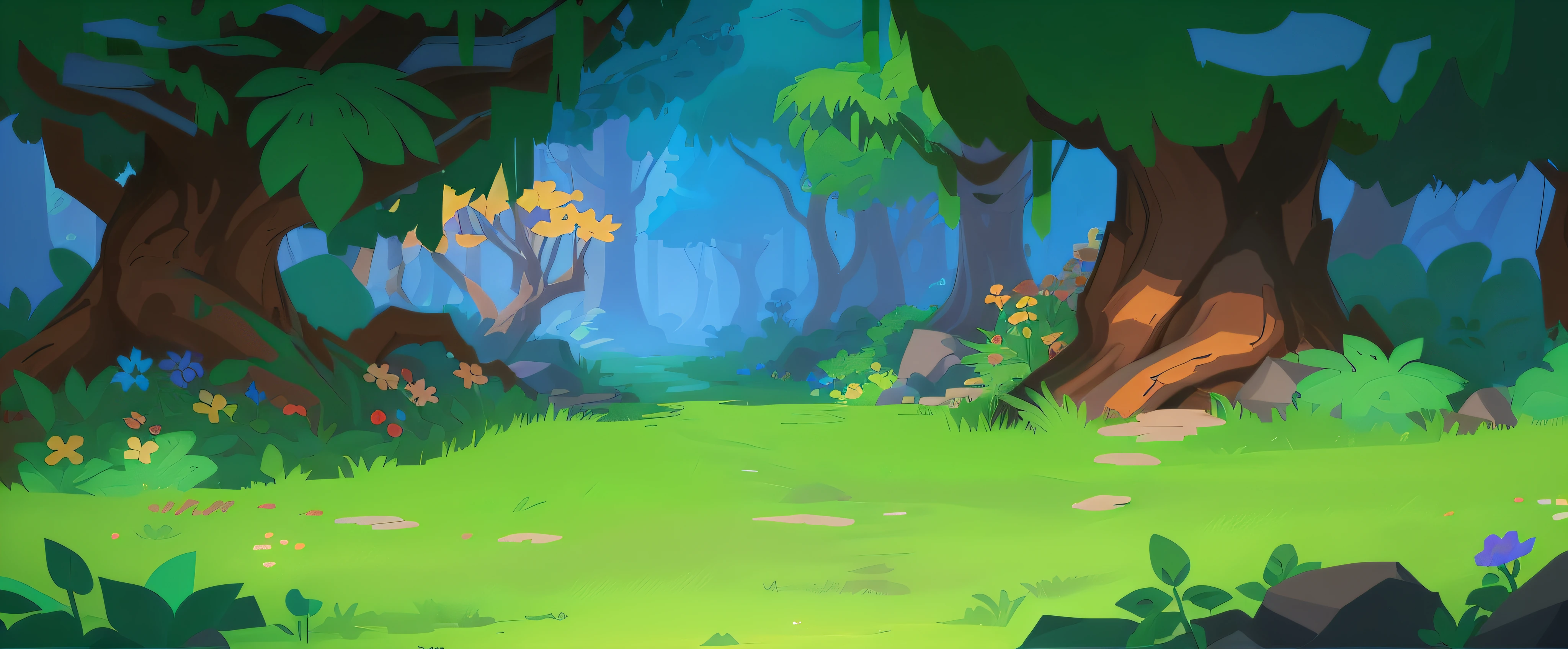 Cartoon scene of a forest with a lot of trees and flowers, Mobile game background, arte de fundo, background artwork, 2 D game art background, odin's stone arena background, Mobile game art, 2d game background, background jungle, arena background, elf forest background, Stylized concept art, savana background, Stylized game art, game background, videogame background