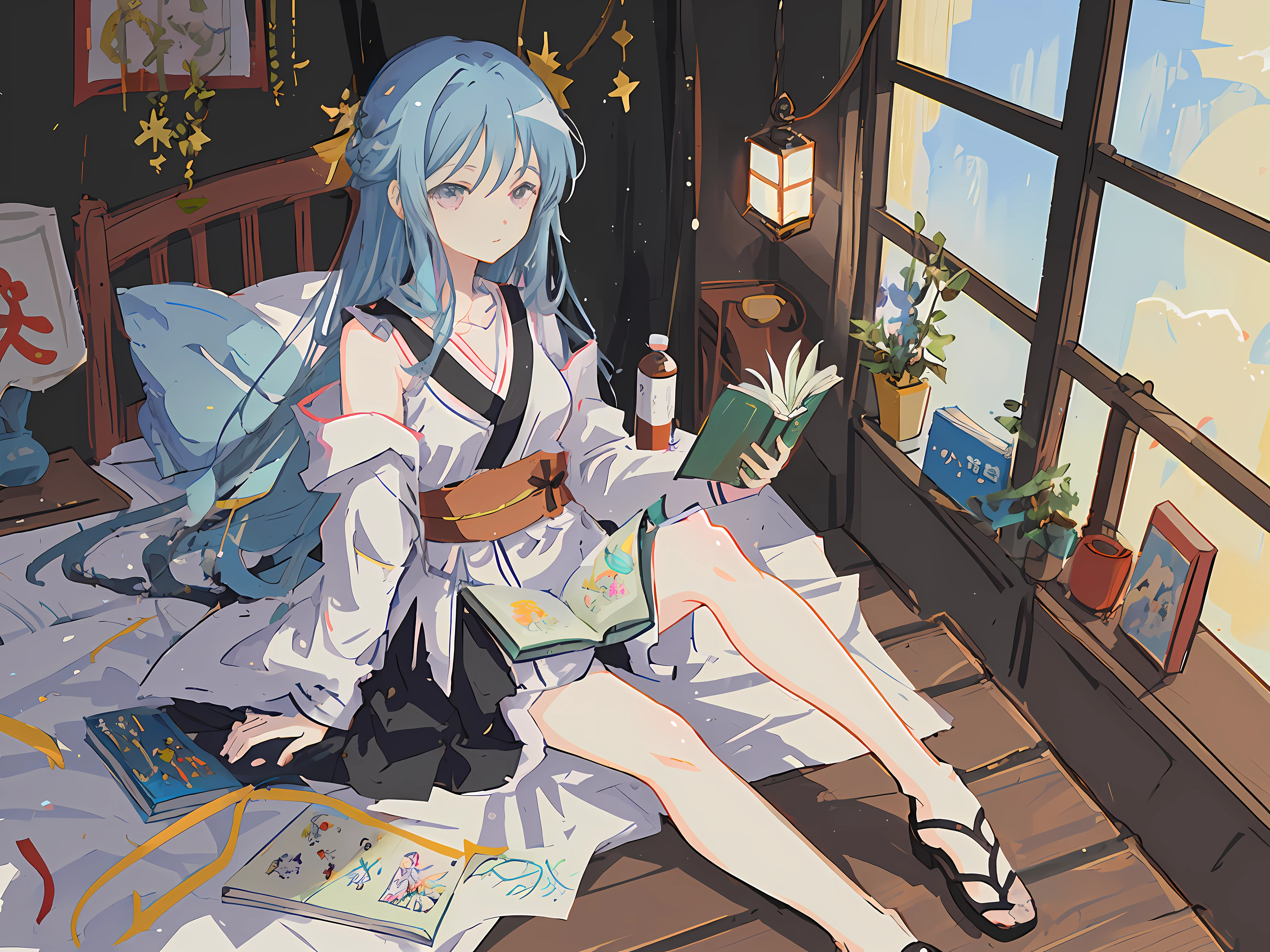 Anime drawing style,Depicts a girl sitting on a bed reading a book。She learned to draw at a young age,Ayaka Sekisaka received、China Expo Park、Influence of Kiyokata Kagi and Nishikawa。Great attention to detail and source of inspiration。Pay attention to anime sketching techniques。