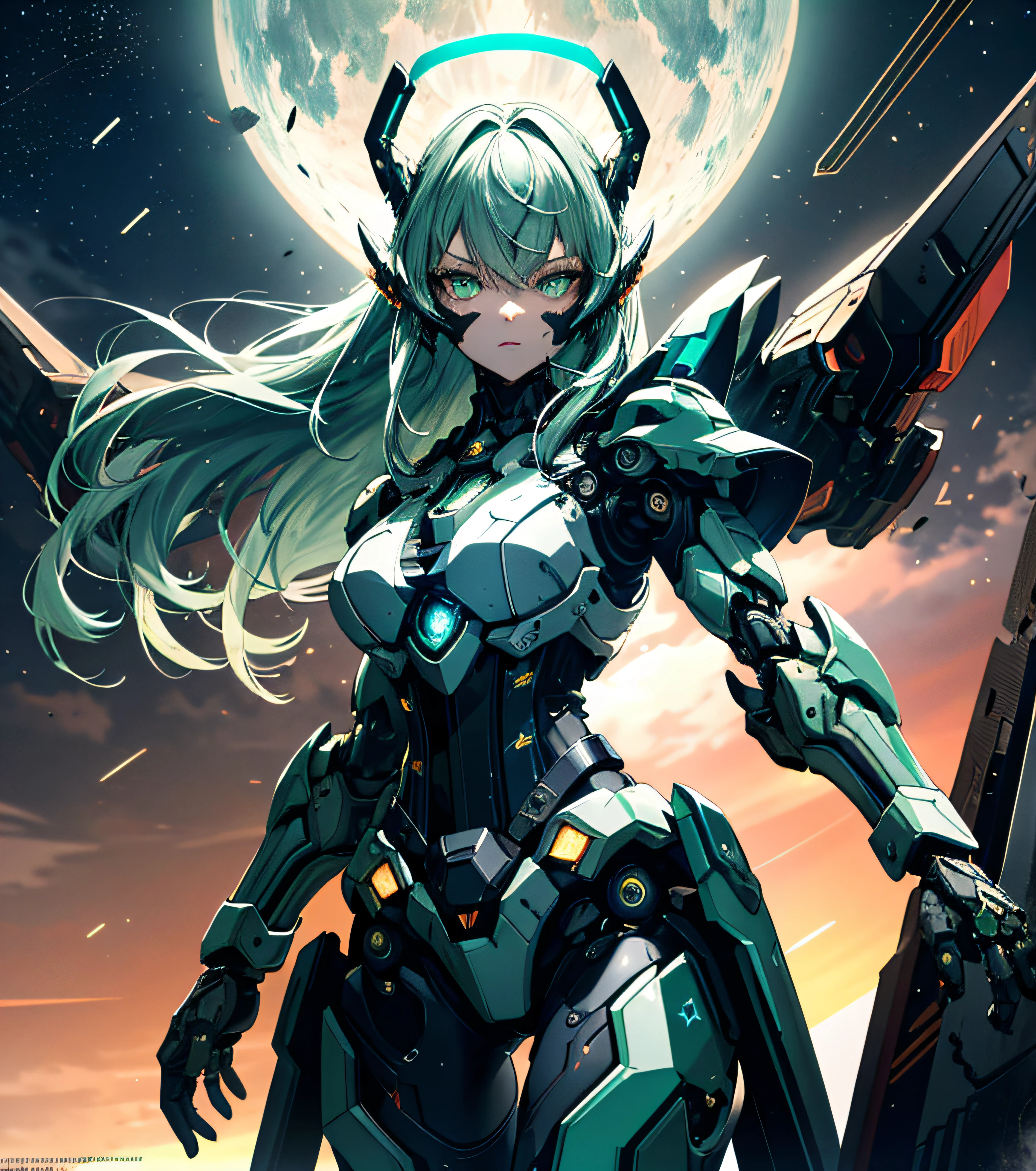 masterpiece,best quality,ultra-detailed,very detailed illustrations,extremely detailed,intricate details,highres,super complex details,extremely detailed 8k cg wallpaper,cowboy shot, caustics,reflection,ray tracing,demontheme,nebula,dark aura,cyber effect, (1girl:1.4),solo,alone,mecha musume,mechanical parts, robot joints,single mechanical arm, headgear, mechanical halo,star halo,intricate mechanical bodysuit, mecha corset, full armor, very long hair,green hair, braided hair, hair between eyes, pointed ears, colored inner hair, green eyes,glowing eye,eye trail, random expressions,random action, ancient japanese architecture,pond, starry sky,skyline, black mask, pupils,