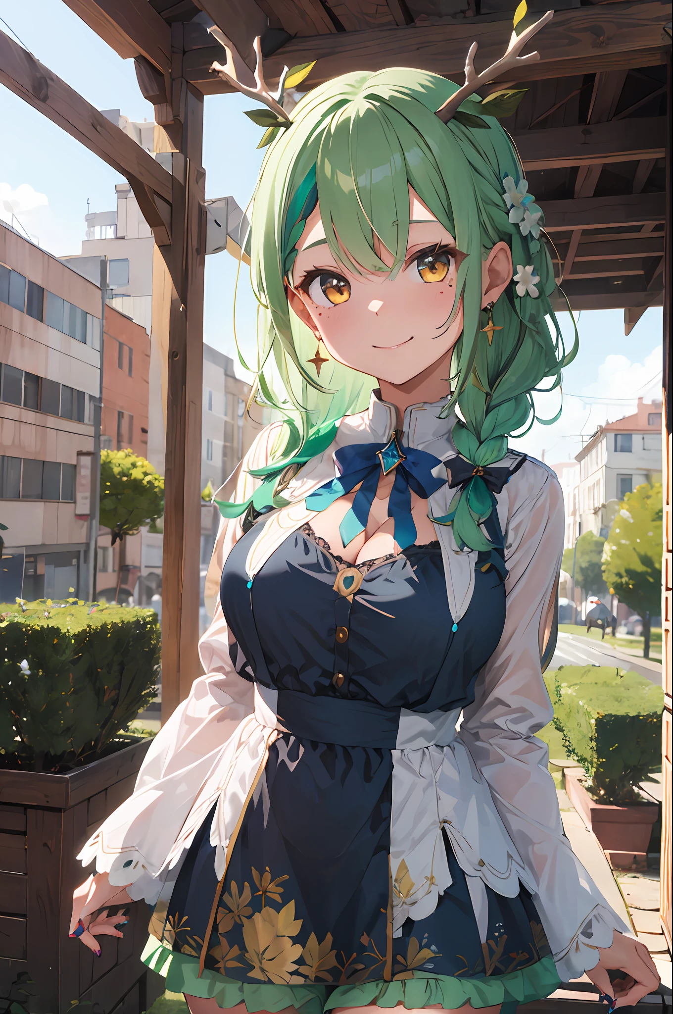 masterpiece, best quality, 1girl, breasts, green hair, braid, braided bangs, cleavage, thighhighs, single braid, single thighhigh, antlers, dress, yellow eyes, jewelry, anklet, nail polish, mole, toenail polish, green nails,hair flower, mole under eye, multicolored hair, long hair, toenails, hair ornament, large breasts, green flower, streaked hair, earrings, white thighhighs, bow, bangs, wide sleeves, leaf, blue dress, horns, ceres fauna, smile, upper body,