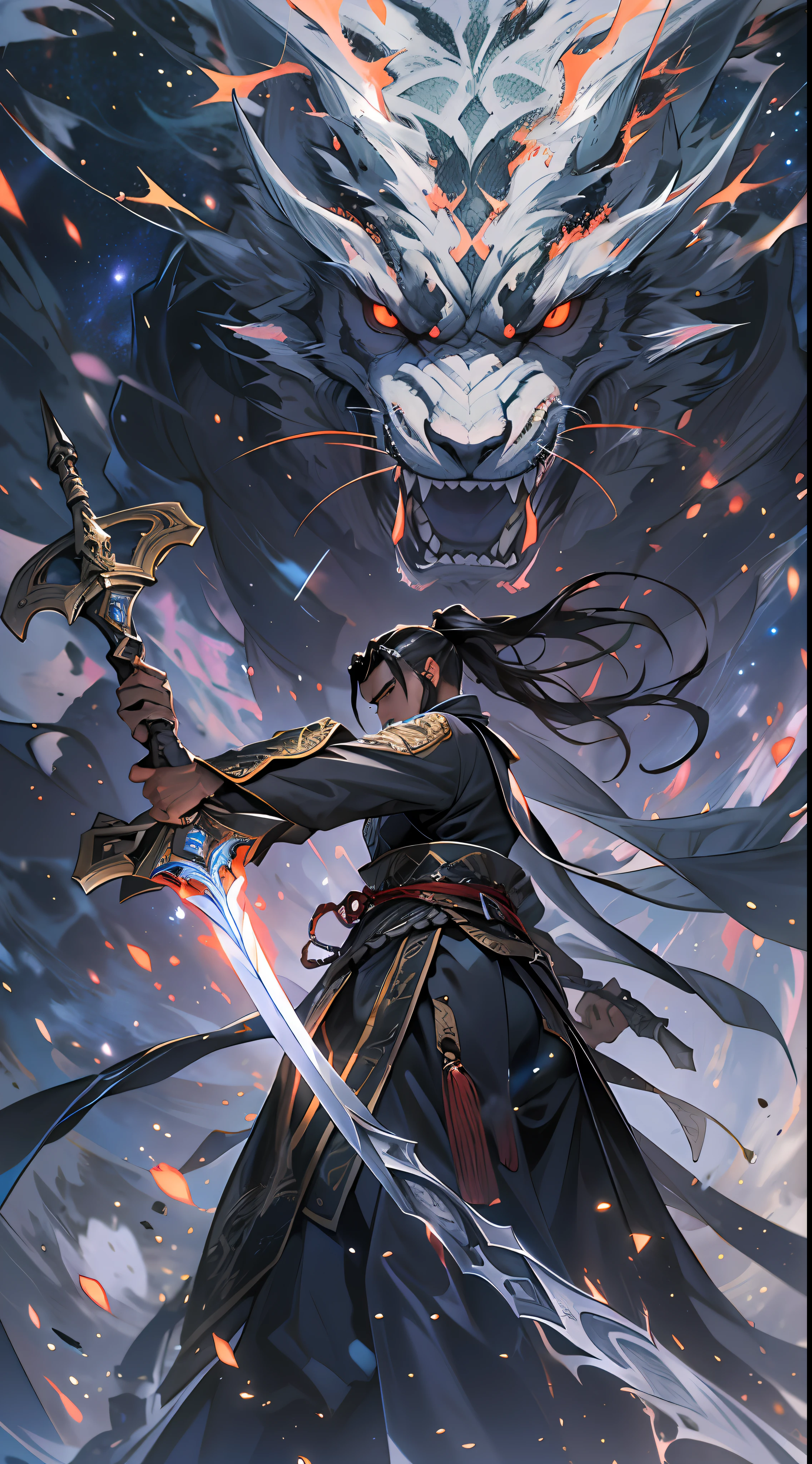 A determined man, Li Gu, retreats quickly to a distance of fifty thousand meters from a giant evil spirit, gripping his weapon tightly, with a resolute gaze, surrounded by a vast space background with twinkling stars, , 32k, best quality, masterpiece, super detail, high details,