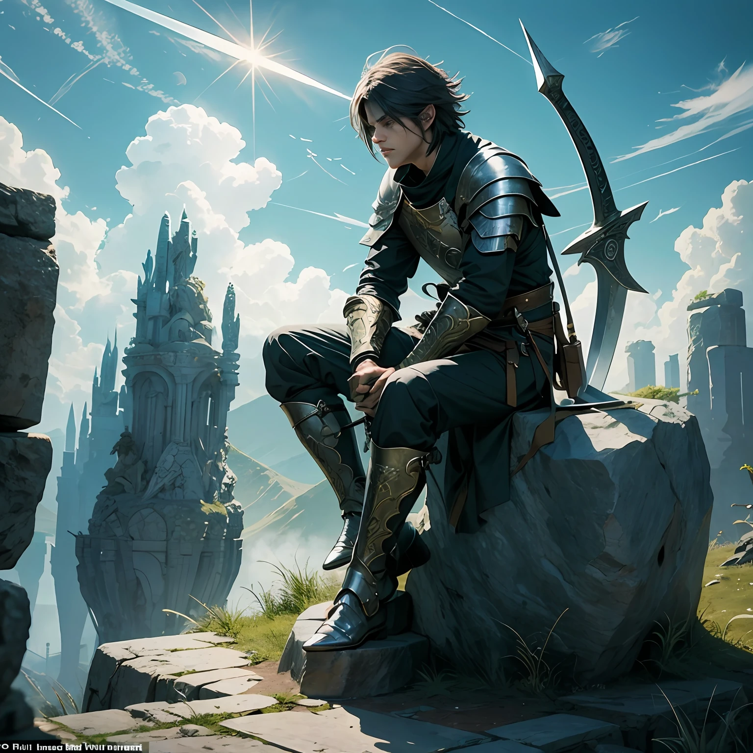 The male,sitting on the stone,Hold the big sword,The great sword is stuck in the stone,Solitude,Powerful forces spread everywhere --auto